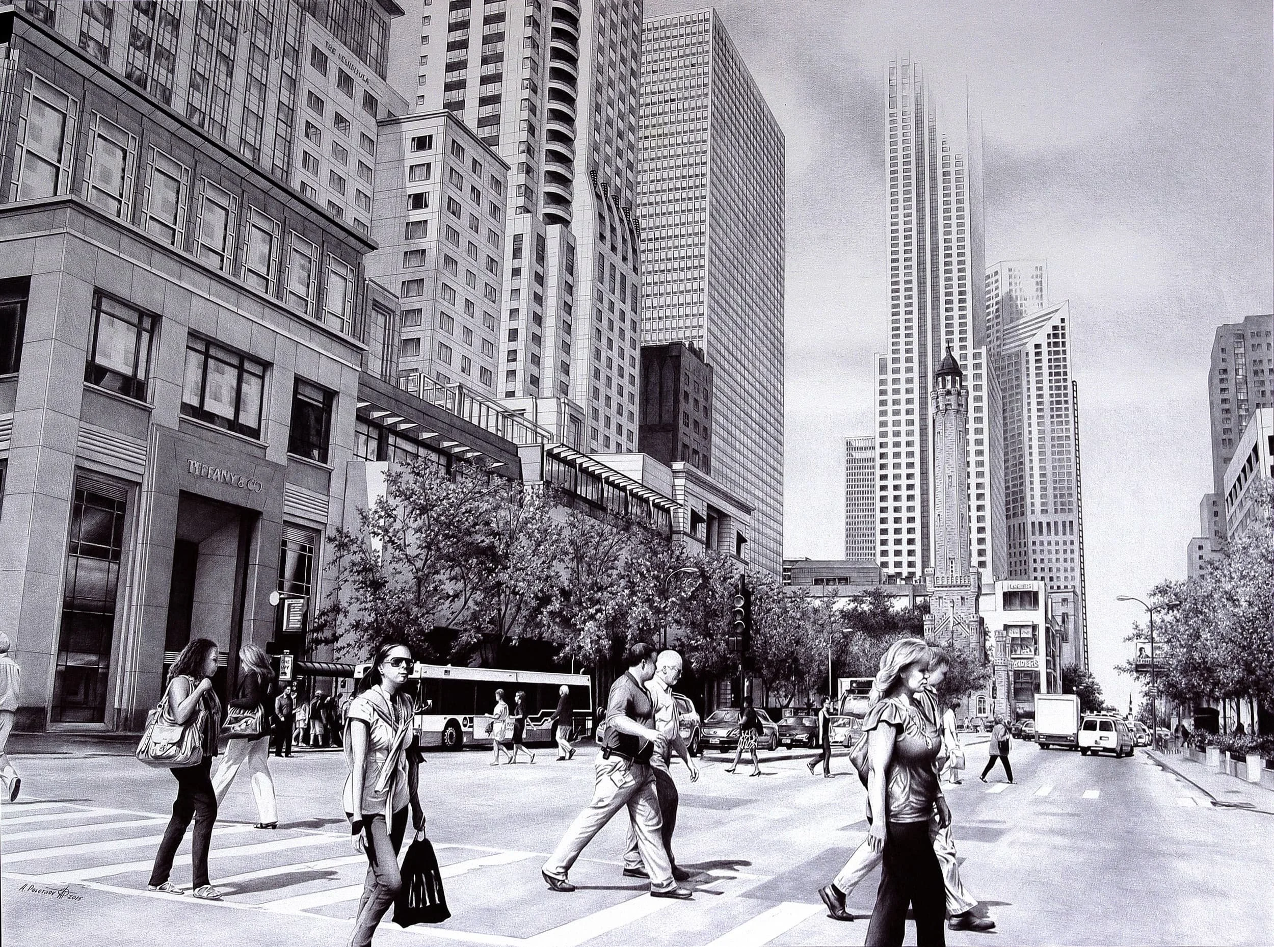 The Magnificent Mile — Chicago
Ballpoint pen on Whatman paper | 28.3" × 21.2" | 2015 | Available
Tiffany & Co., The Peninsula, the Chicago skyline — Michigan Avenue rendered in extraordinary detail. Created in the city where Poletaev's work was first