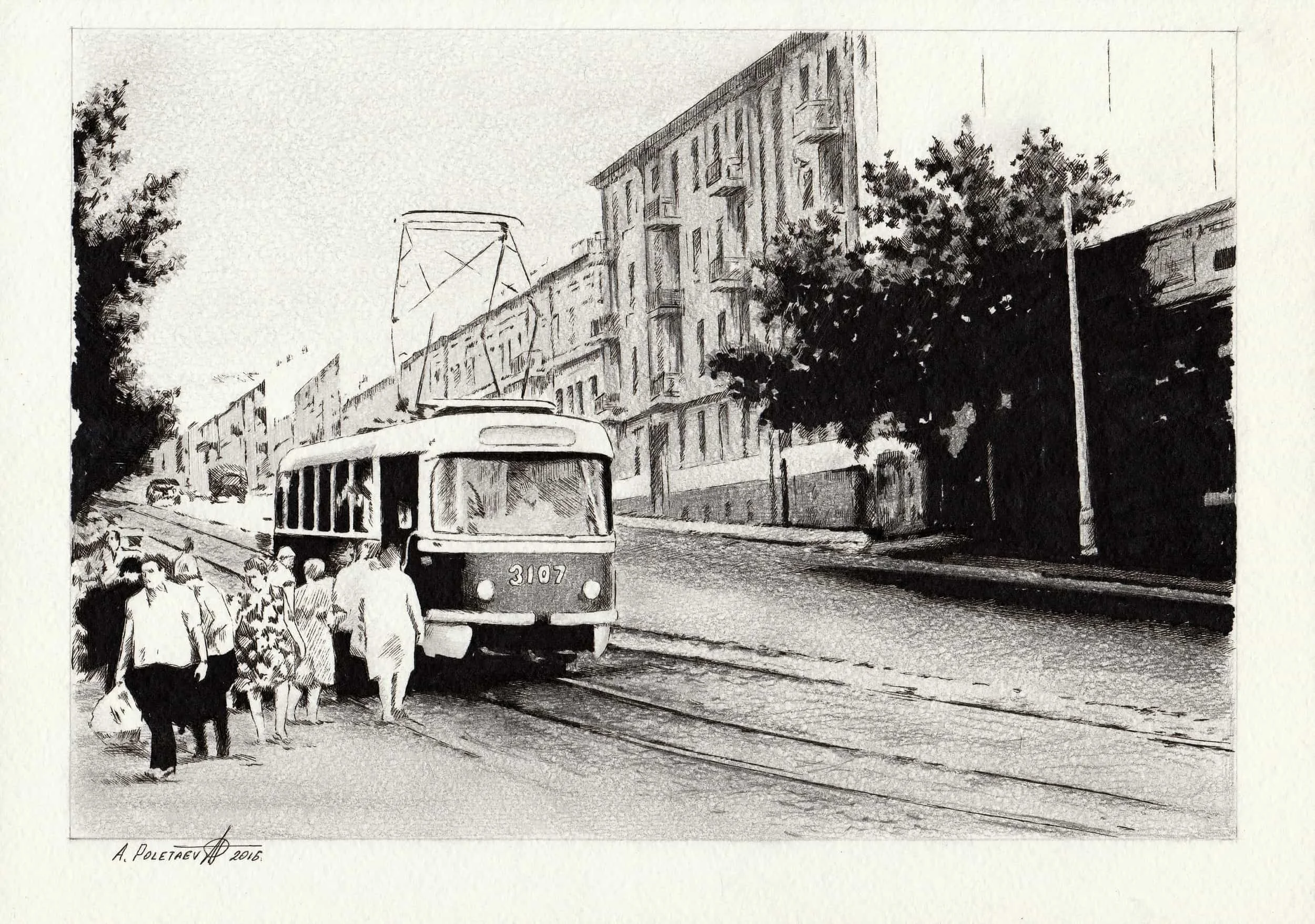 Tram No. 3107 — Miniature
Ballpoint pen and mixed techniques | 8.25" × 11.5" | 2016 | Available
Soviet-era Tram 3107 rolls through a summer street — passengers, shadows and the unmistakable atmosphere of another era.