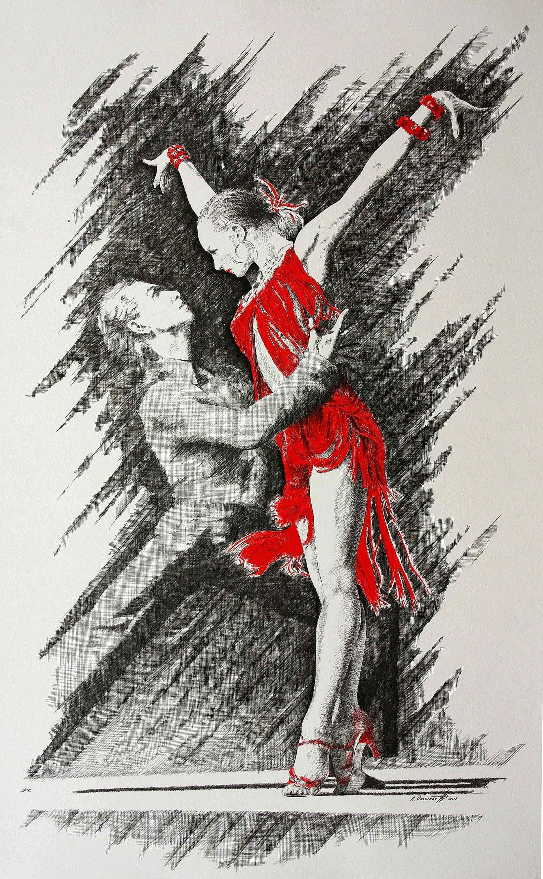 Dance in Red I
Ballpoint pen on Whatman paper | 21.1" × 33.8" | 2017 | Available
Two figures in motion — red and black ballpoint pen creating a composition of extraordinary elegance and tension. Exhibited at the Ukrainian National Museum of Chicago.