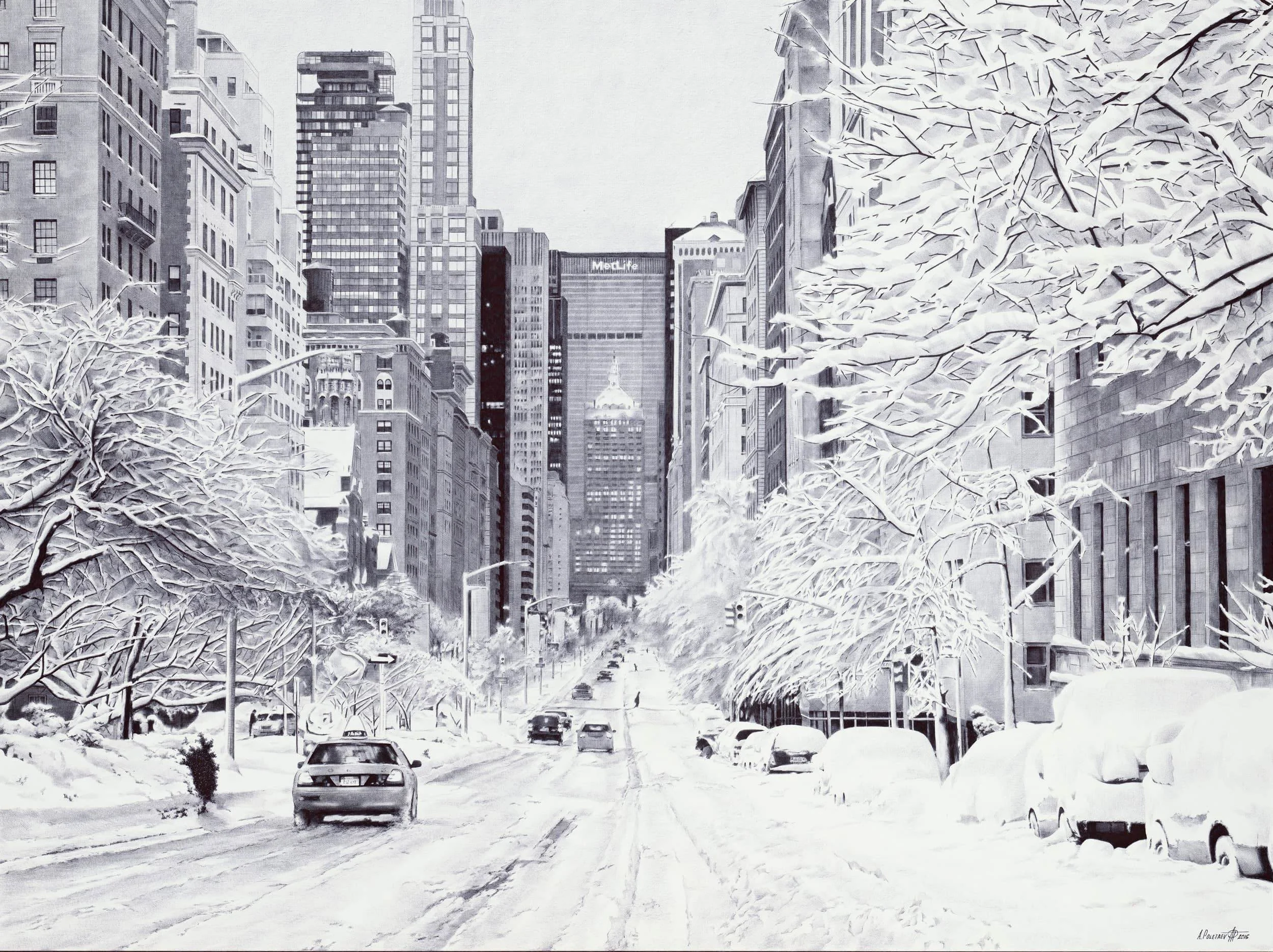 Snowy New York
Ballpoint pen on Whatman paper | Available
Park Avenue under a blizzard. The snow itself is not drawn — it lives in the white space the pen never touched.