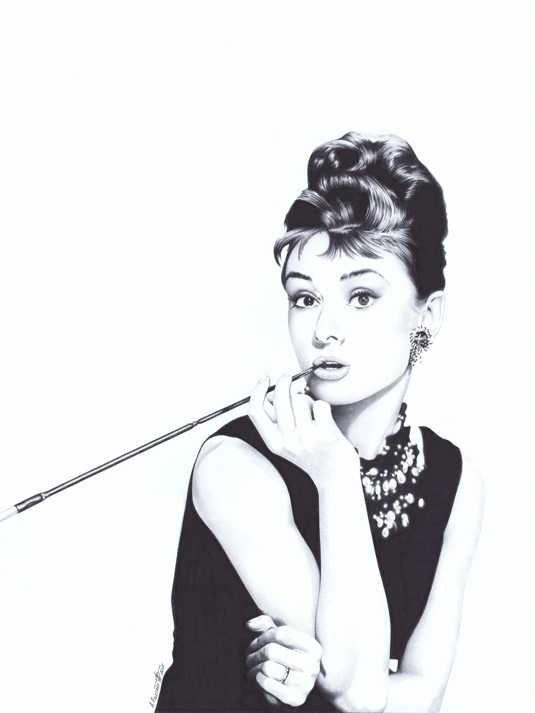 Audrey Hepburn — Breakfast at Tiffany's | Ballpoint pen | Whatman paper | 16" × 24.5" | 2017 | Available — Selected for exhibition by the Ukrainian National Museum of Chicago, 2018.