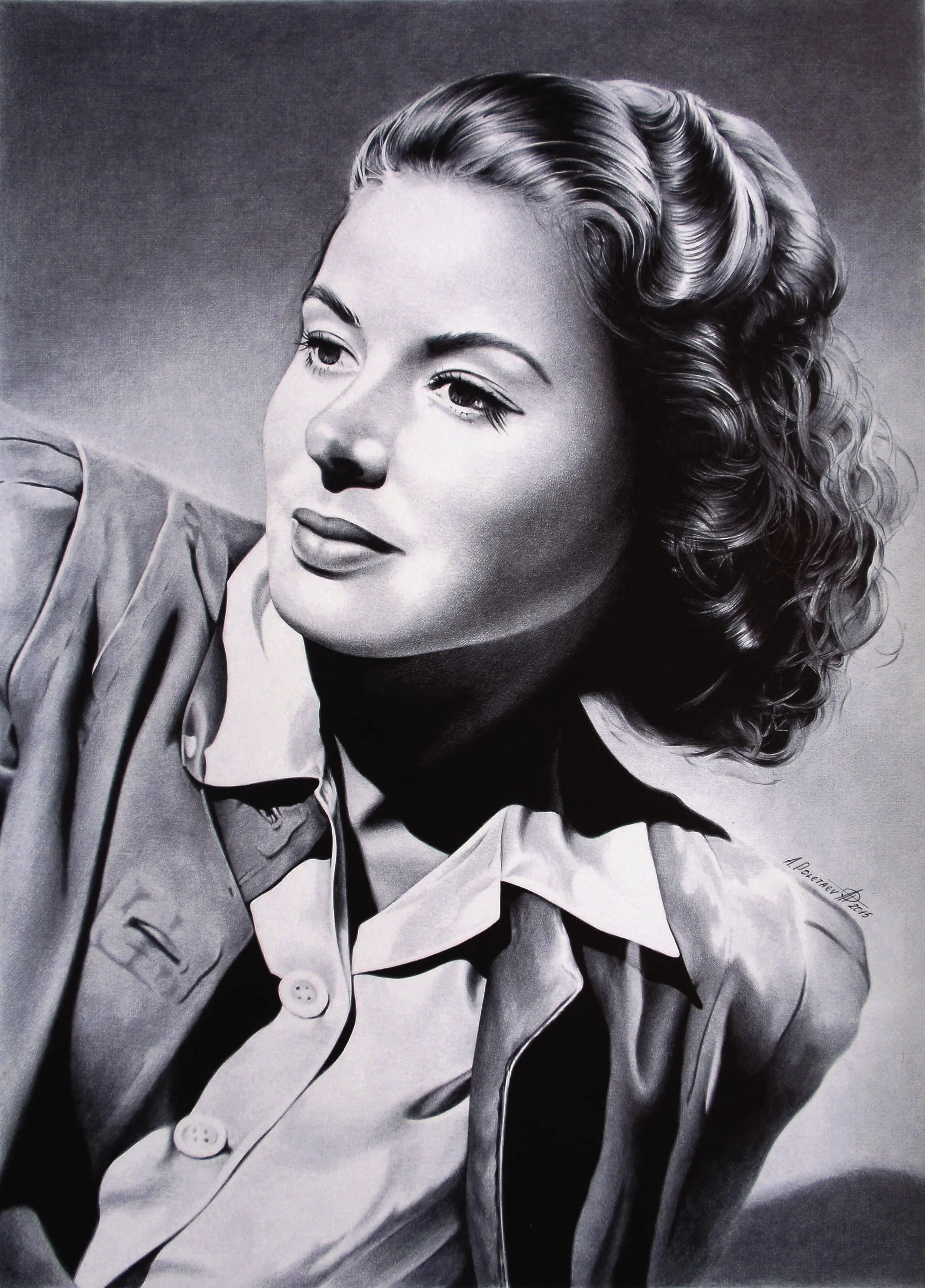 Ingrid Bergman
Ballpoint pen on Whatman paper | 16.3" × 11.8" | 2015 | Museum Exhibited | Available
One of Hollywood's golden age greats — rendered in breathtaking monochrome detail. Every curl, every shadow, every button on her collar.