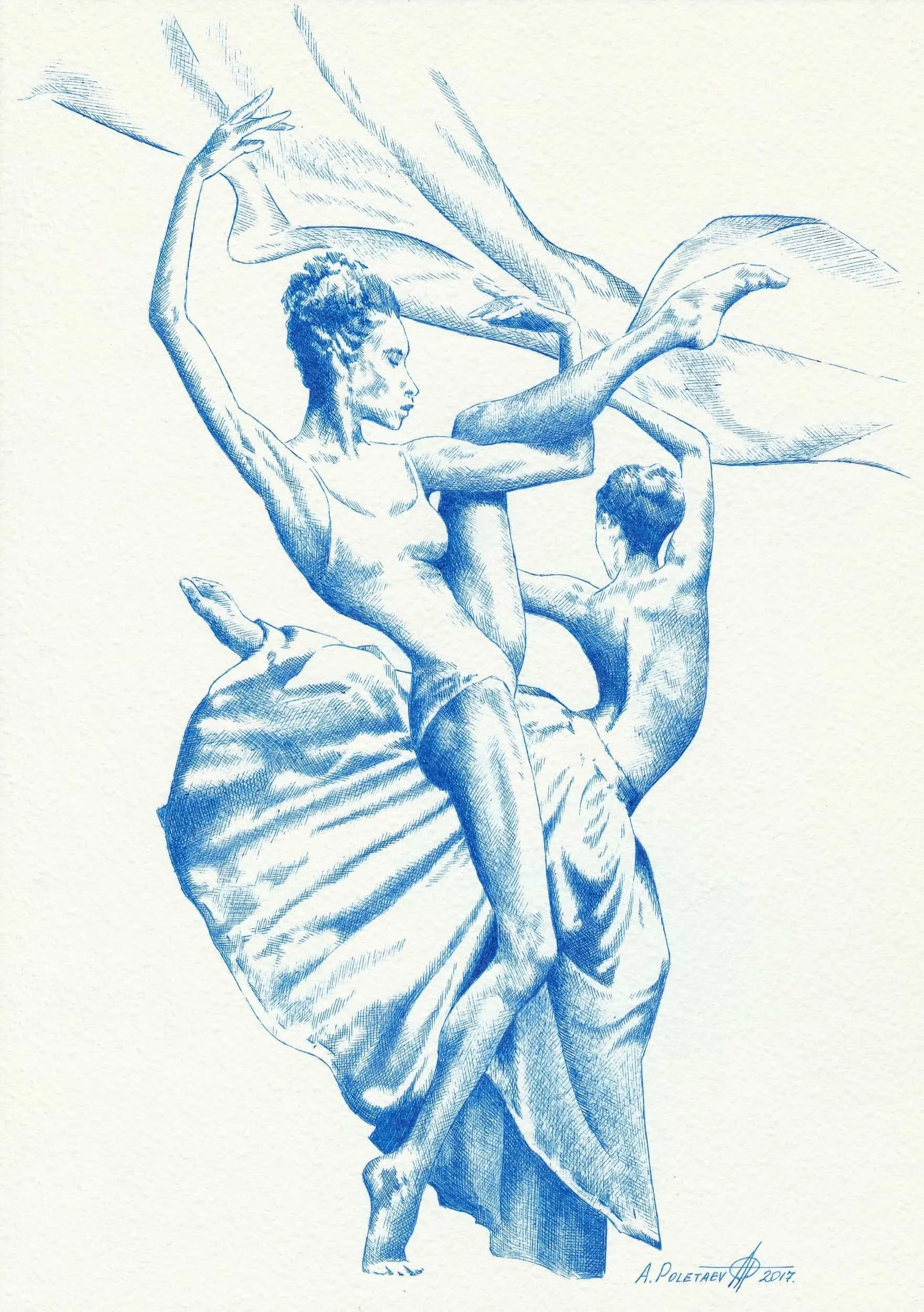 Dance Study II — Miniature
Ballpoint pen on paper | 8.25" × 11.5" | 2017 | Available
A dancer against geometric lines and circles — movement and mathematics in perfect balance. Pure blue ballpoint pen.