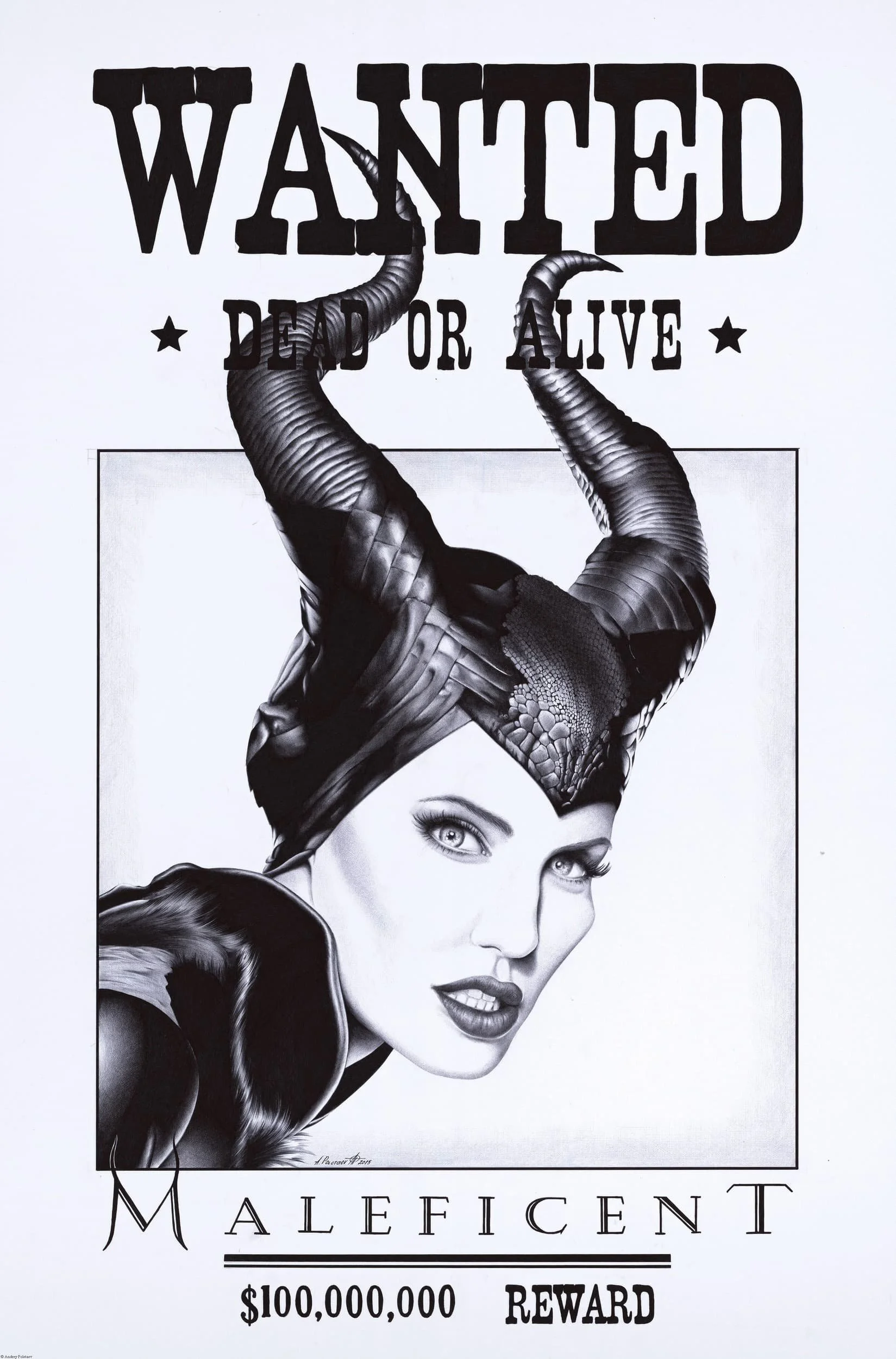 Wanted — Maleficent
Ballpoint pen on Whatman paper | 30.5" × 19.6" | 2015 | Sold
A wanted poster reimagined as fine art — Maleficent, dead or alive, $100,000,000 reward. Bold, theatrical, and utterly original. Part of a private collection.