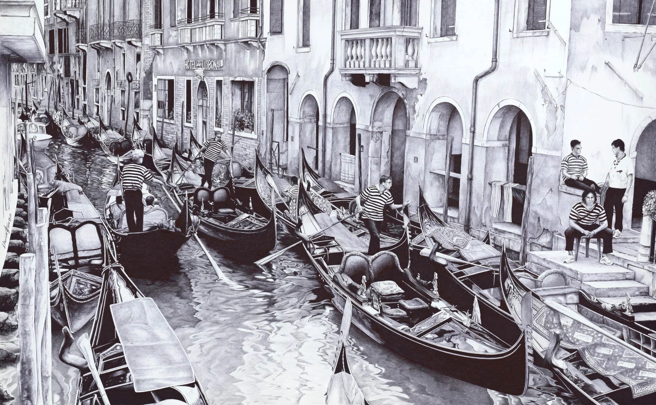 Venice Canal — Gondolas
Ballpoint pen on Whatman paper | 32.2" × 20" | Available
Gondoliers, grand facades, Hotel Lisbona — Venice at its most timeless. Published in Ballpoint Art (Gingko Press).