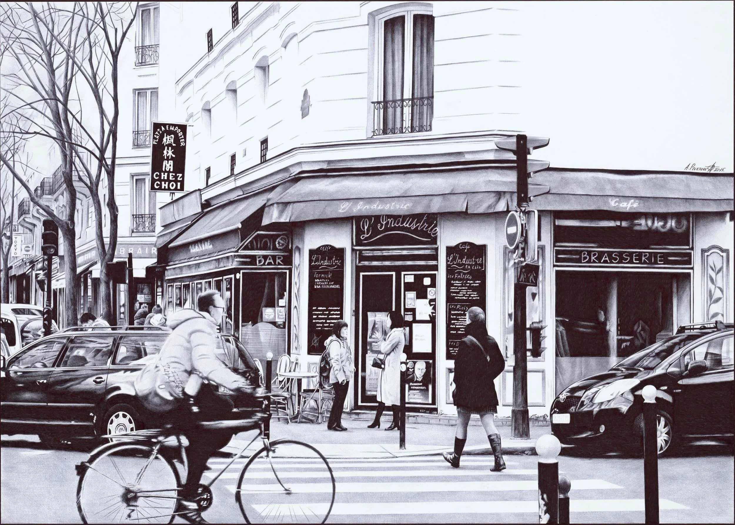 L'Industrie — A Paris Moment
Ballpoint pen on Whatman paper | 23.4" × 16.7" | 2015 | Available
National Museum centerpiece. Nashville Art Film Festival headline work. One of the finest Parisian cityscapes ever rendered in ballpoint pen.