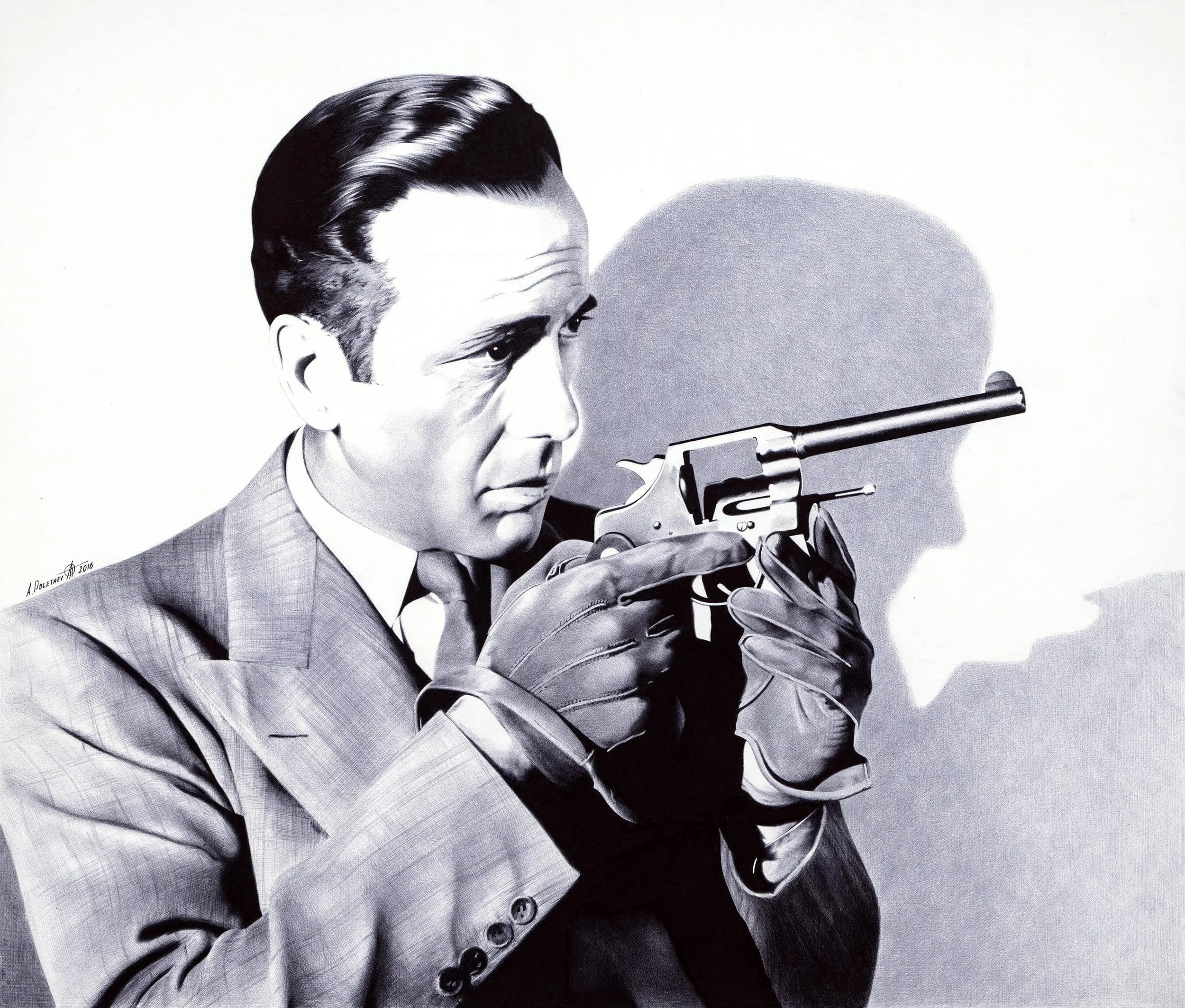 Humphrey Bogart — All Through the Night
Ballpoint pen on Whatman paper | 17.7" × 20.8" | 2016 | Museum Exhibited | Available
The crown jewel of the Hollywood Series. Bogart mid-scene — gloved hands, revolver, shadow looming behind. Pure cinema render