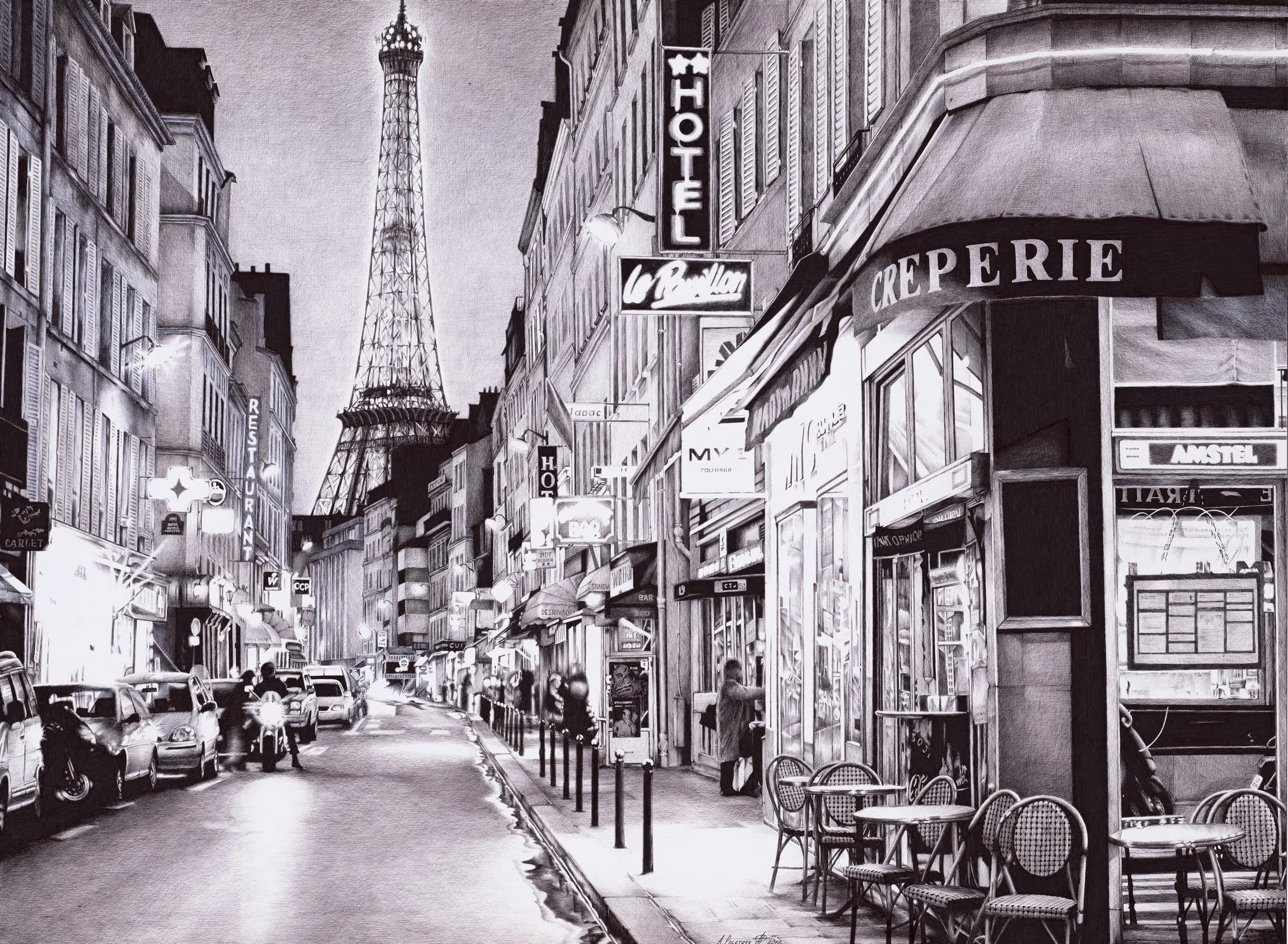 Evening in Paris | Ballpoint pen | Whatman paper | 30.3" × 22.4" | 2013 | Private Collection — Published in Ballpoint Art: Complexity from Simplicity (Gingko Press) and Above Art Magazine, Issue No. 1.