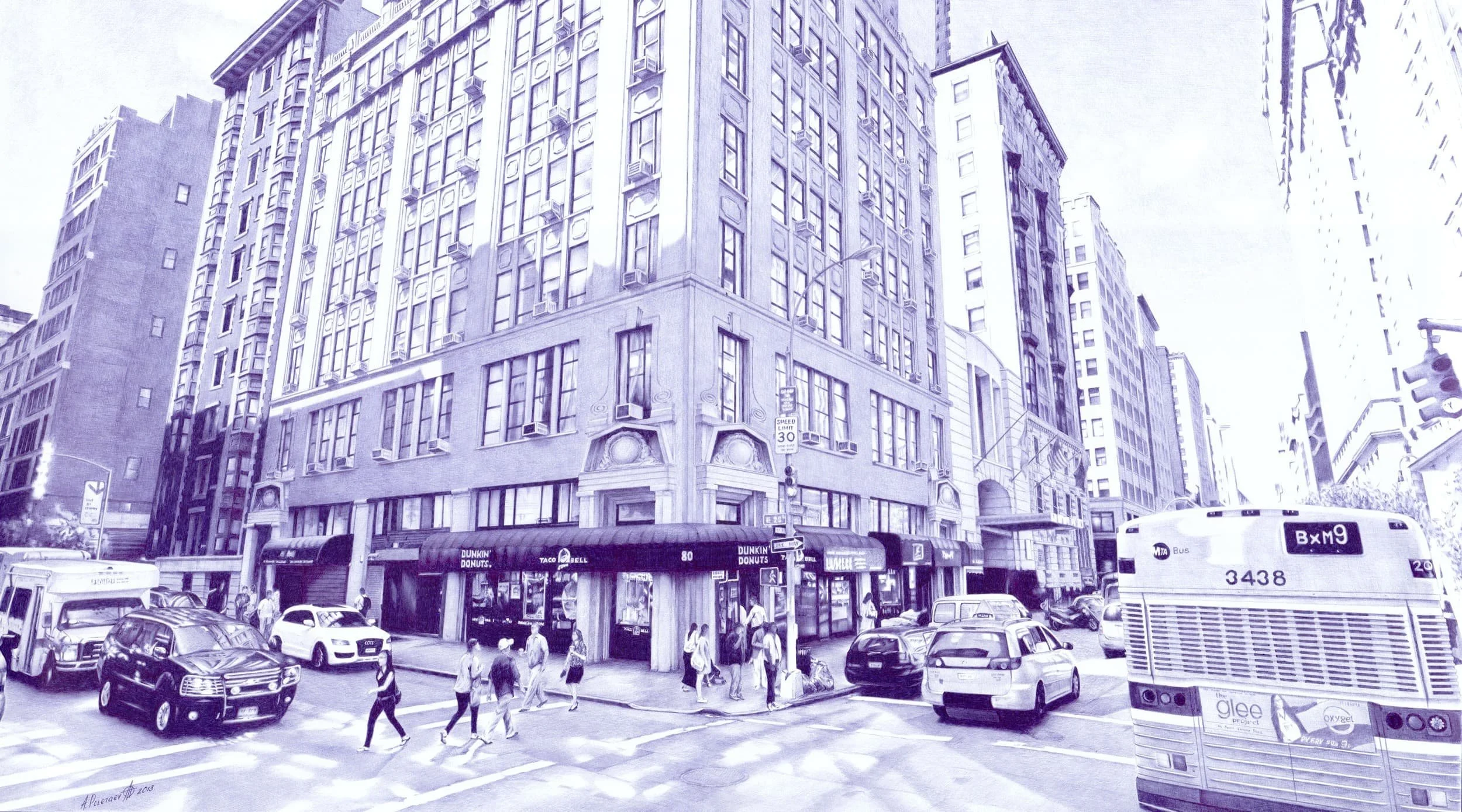 Madison Avenue — New York
Ballpoint pen on Whatman paper | 32.2" × 18.1" | 2013 | Available
A cinematic panorama of Midtown Manhattan — the canyon of glass and stone rendered in extraordinary blue monochrome detail.