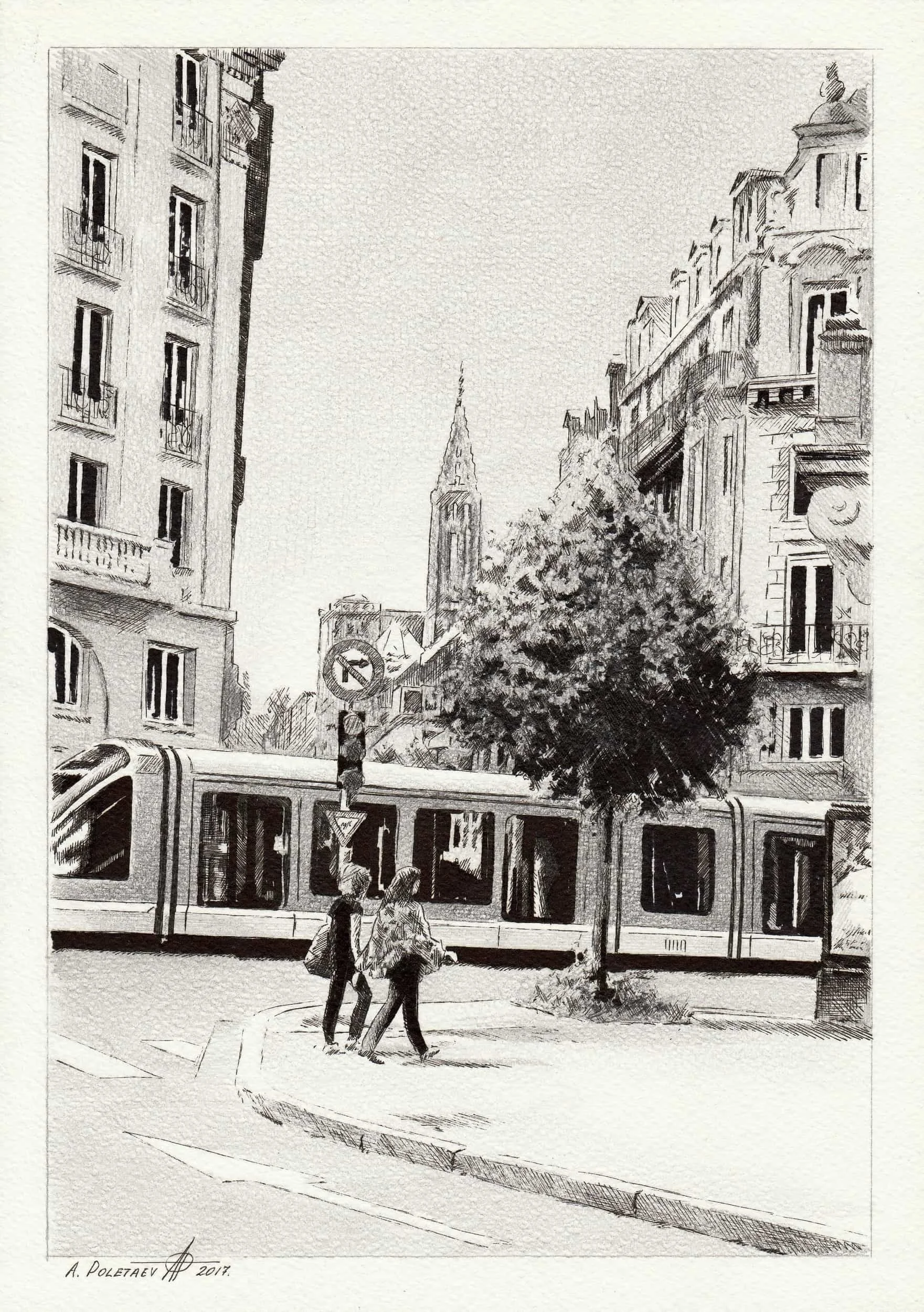 Strasbourg — Miniature
Pencil on paper | 8.25" × 11.5" | 2017 | Available
A modern tram glides past Haussmann facades as the Strasbourg Cathedral spire rises in the distance. Old and new in perfect balance.