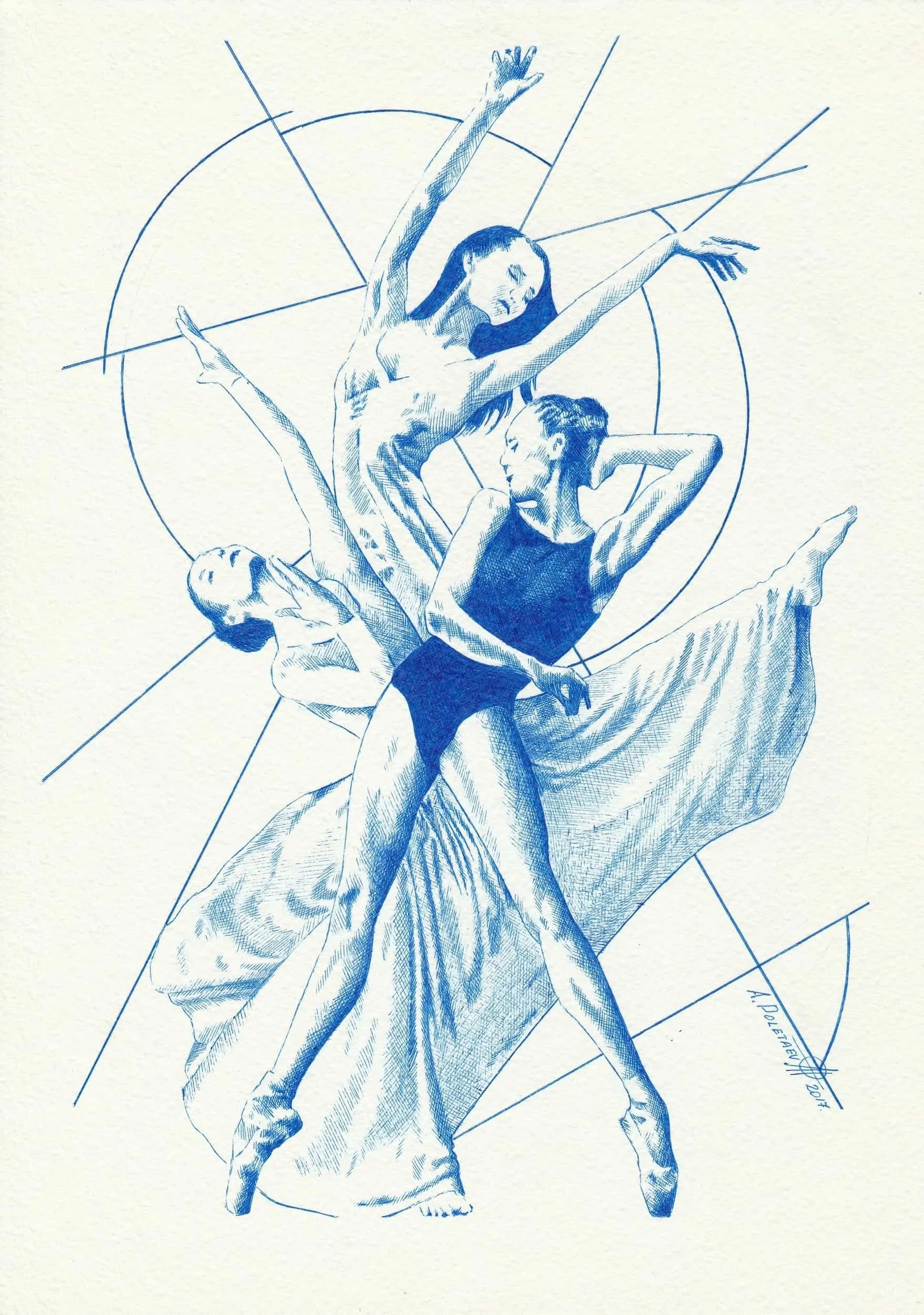 Dance Study IV — Miniature
Ballpoint pen on paper | 8.25" × 11.5" | 2017 | Available
A dancer in full flight — music notes, sweeping curves and pure kinetic energy rendered in blue ballpoint pen.