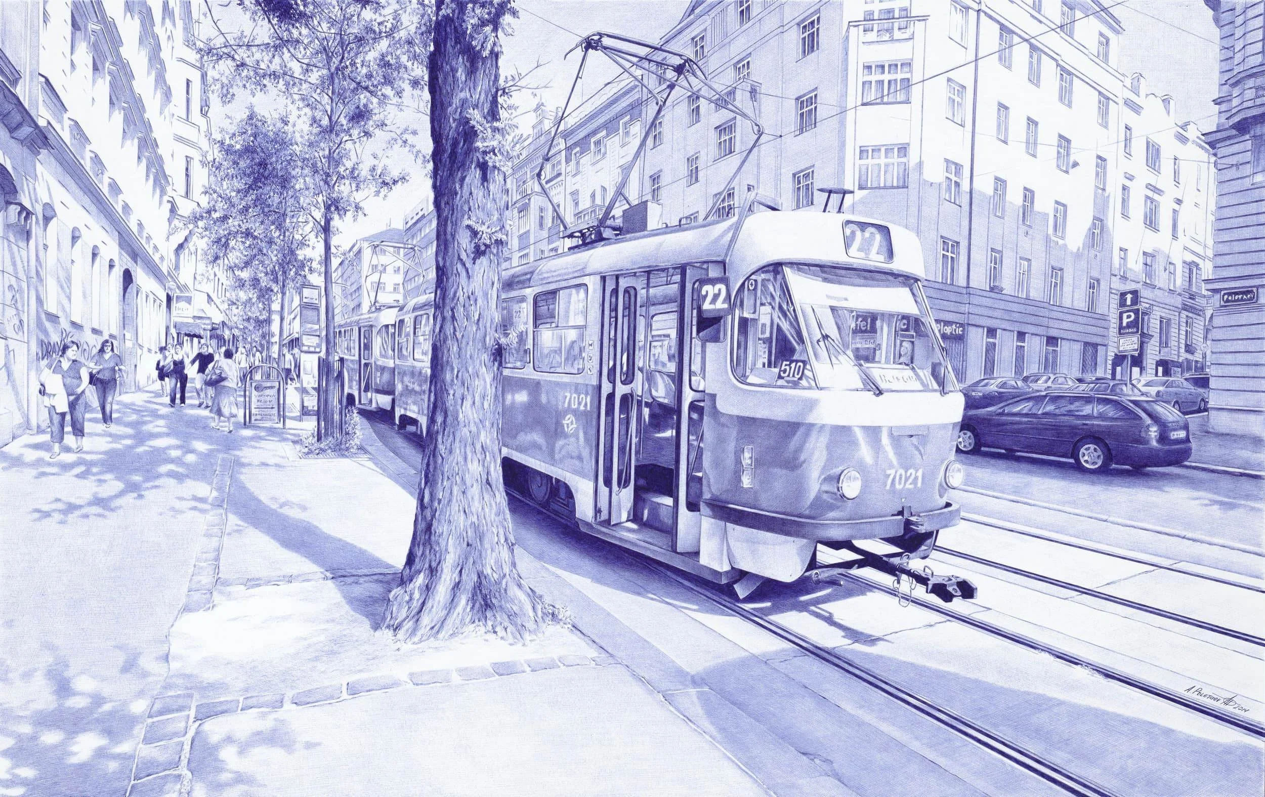 Moment in Prague — Tram 22
Ballpoint pen on Whatman paper | 25.5" × 16.1" | Available

Blue monochrome. National Museum exhibited. One of the finest European cityscapes in ballpoint pen.