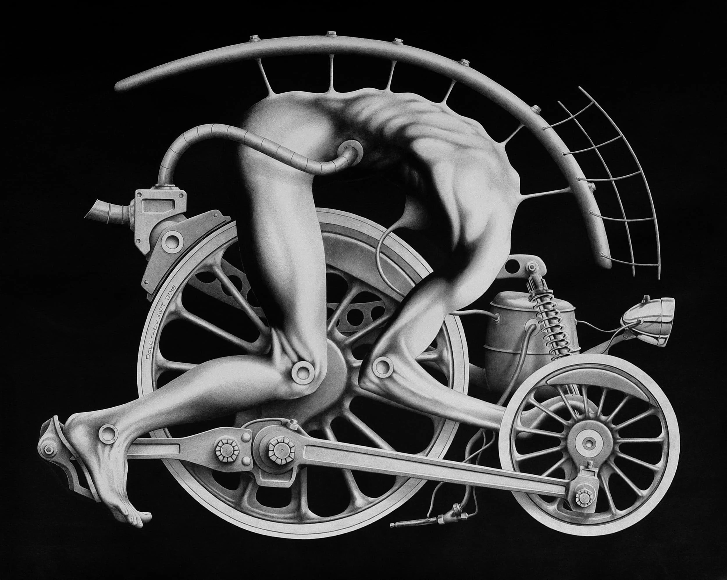Art Mechanica
Ballpoint pen on paper | 29.5" × 24" | 2016 | Available
The flagship work. A mechanical figure, a lady in black, train wheels and street lamps — a world unto itself rendered in pure ballpoint pen. The piece that defined a collection and