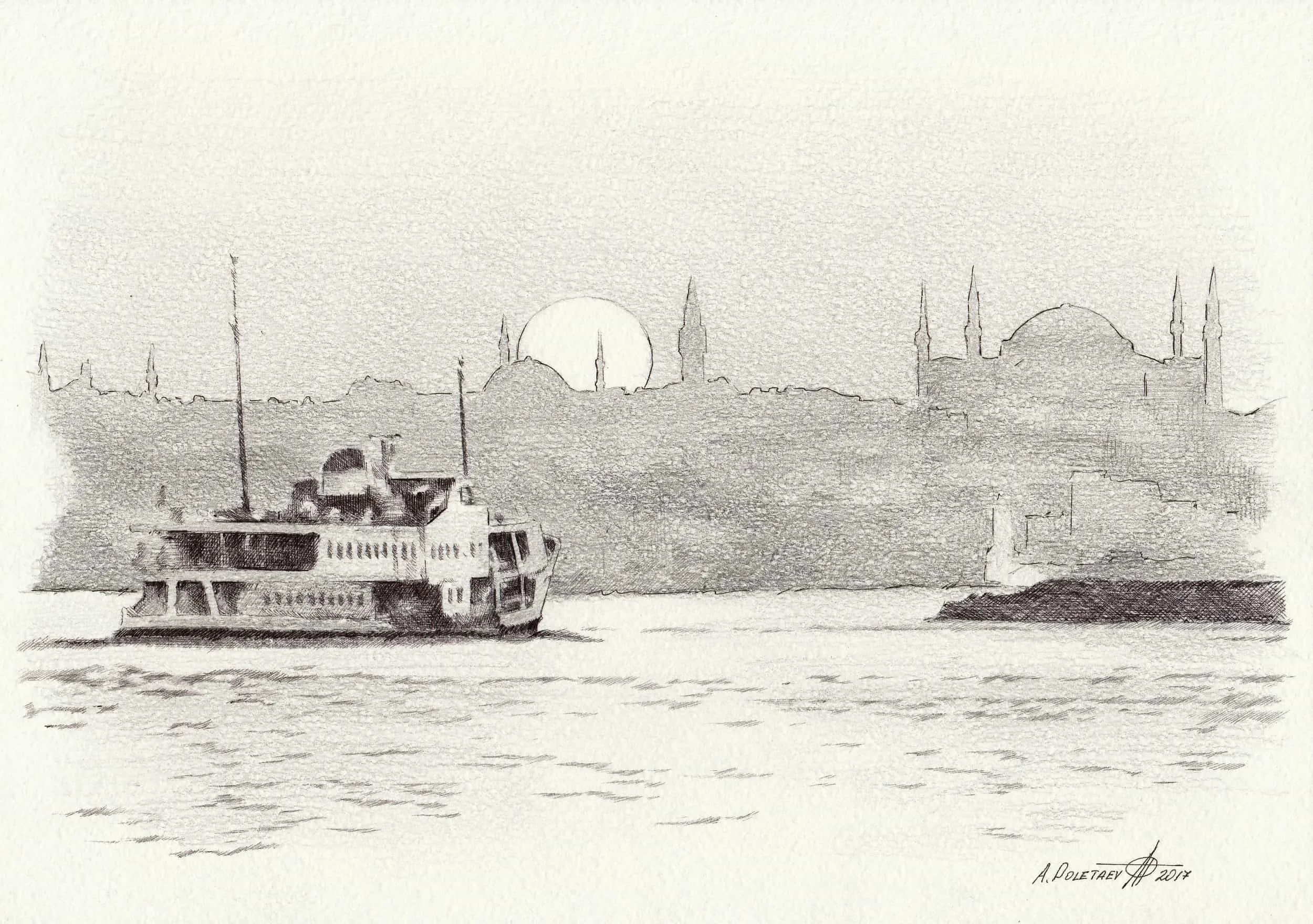 Istanbul at Dusk — Miniature
Pencil on paper | 8.25" × 11.5" | 2017 | Available
A ferry crosses the Bosphorus as the Hagia Sophia and Blue Mosque rise through the haze. Istanbul at its most atmospheric.