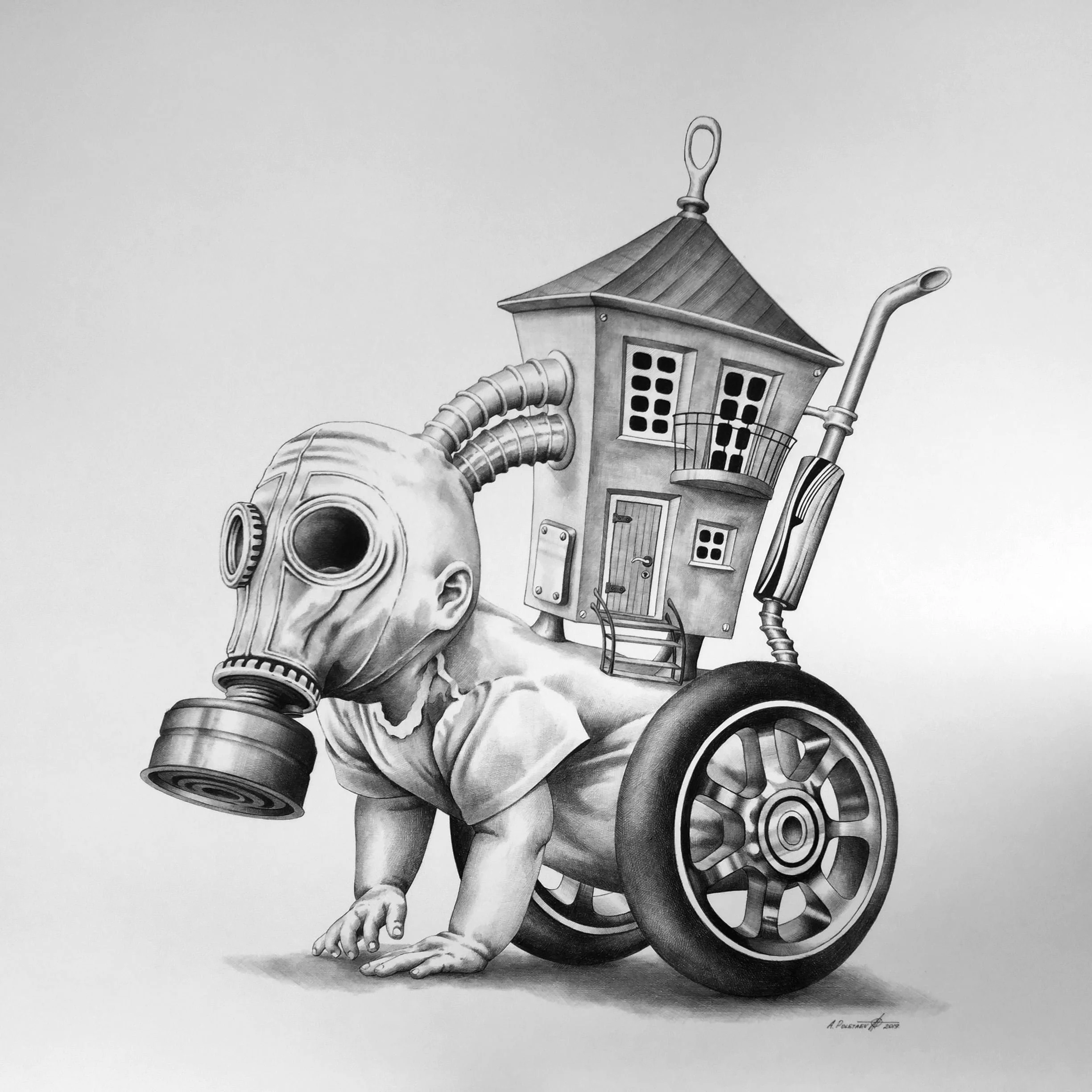 Generation
Ballpoint pen on paper | 2019 | Currently on international exhibition — inquire for availability
A crawling child wearing a gas mask, carrying a house and a wheel — a meditation on the weight of the modern world. One of the most conceptual