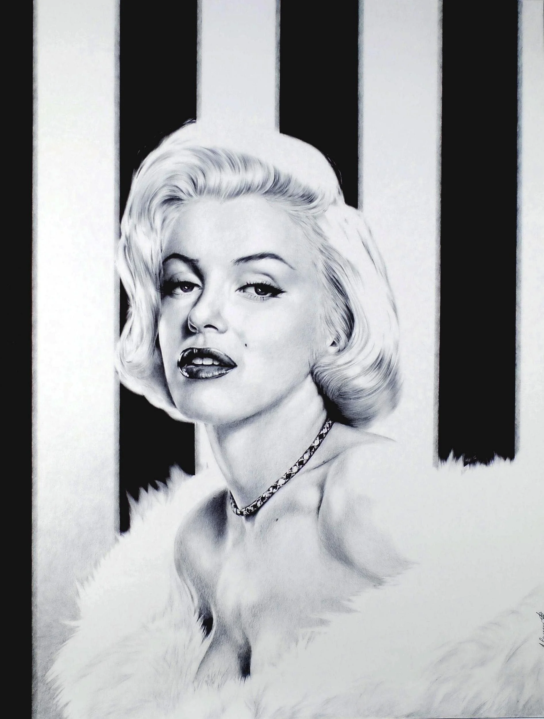 Marilyn Monroe
Ballpoint pen on Whatman paper | 24.8" × 18.8" | 2013 | Available
Marilyn against bold graphic stripes — glamour, tension and timeless presence captured in pure monochrome ballpoint pen.