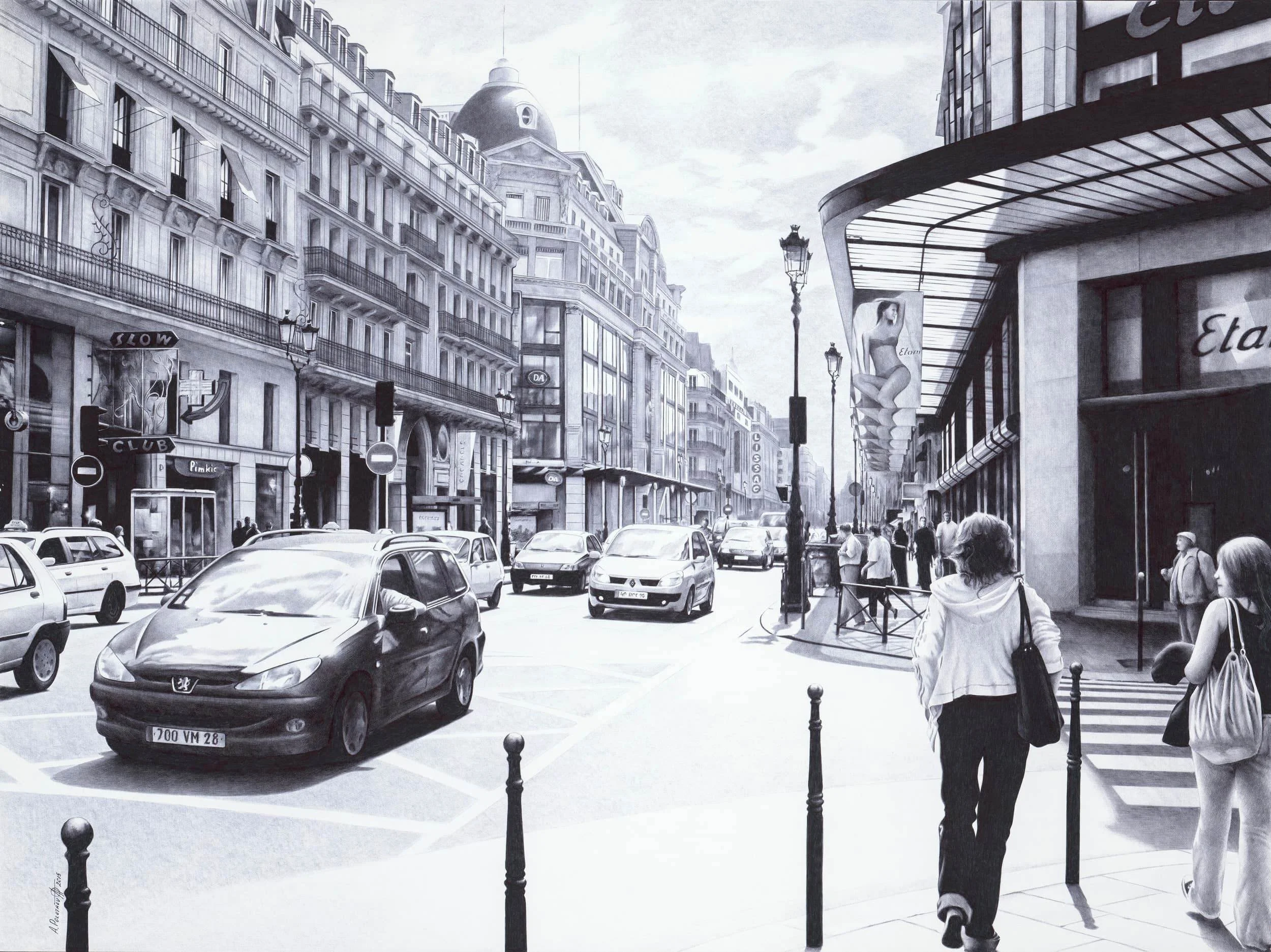 Parisian Street
Ballpoint pen on Whatman paper | 
Sold

A Parisian boulevard captured in extraordinary detail. Part of a private collection.