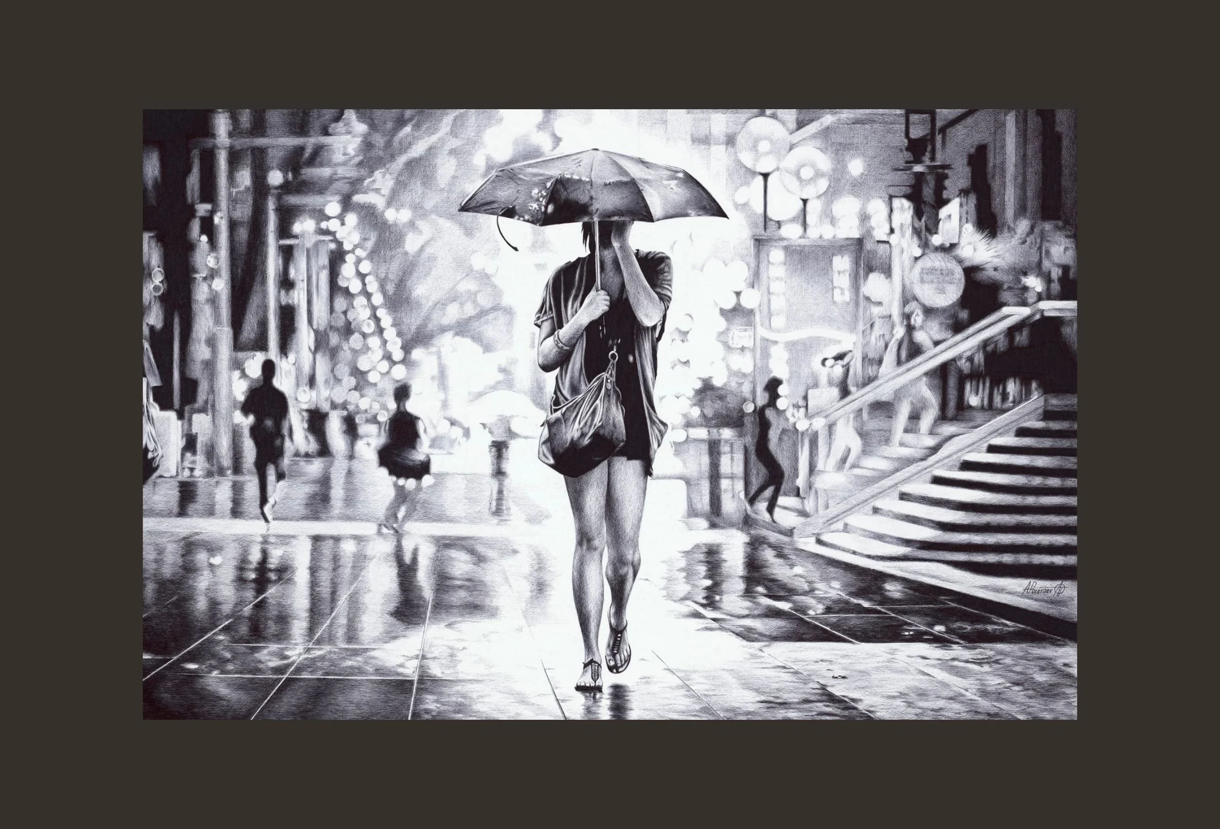 Andrey Poletaev — Nocturne, original ballpoint pen art, woman walking in rain under umbrella with city lights