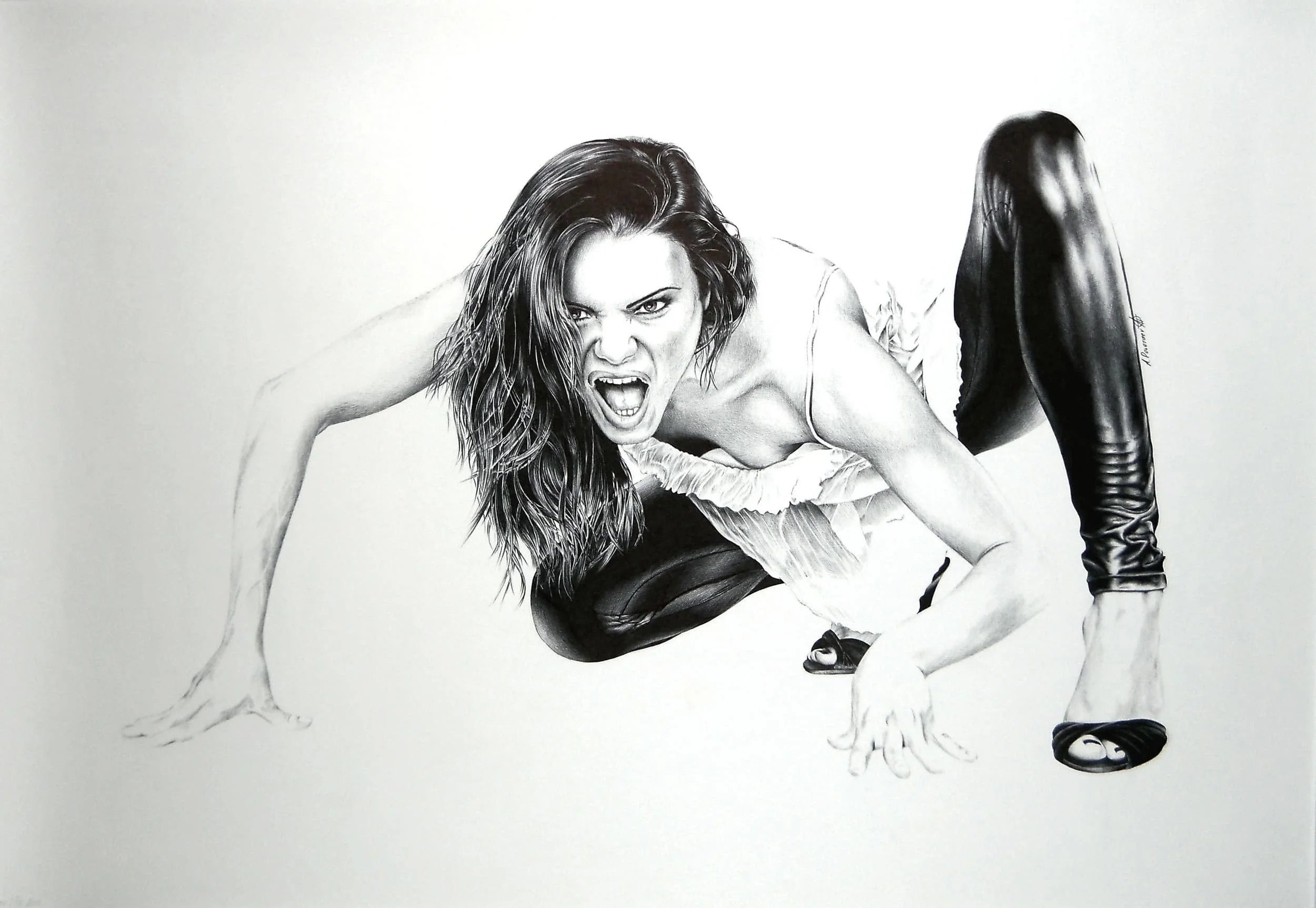 Wild
Ballpoint pen on Whatman paper | 29.9" × 20" | 2011 | Available
Raw energy and movement frozen in monochrome — an early work that signals the full force of what was to come.
