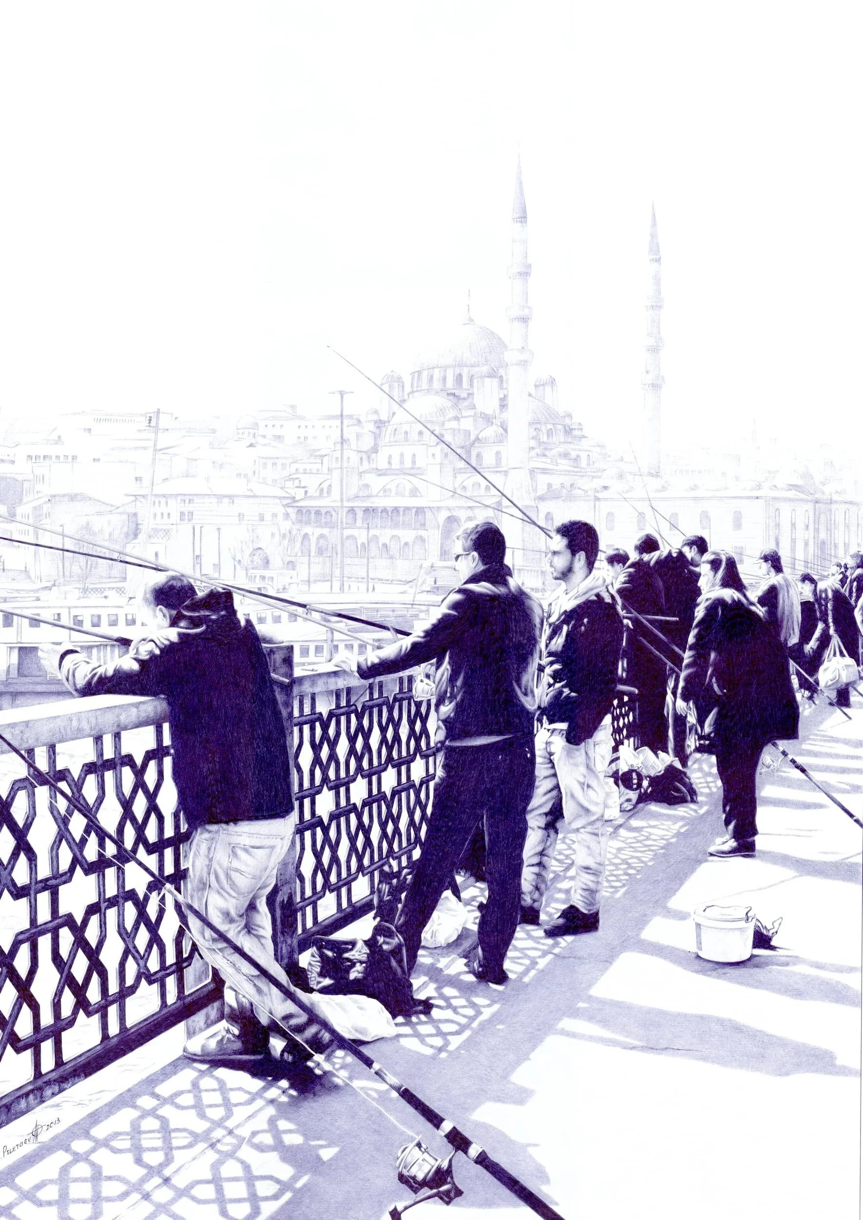 Fishermen in Istanbul
Ballpoint pen on Whatman paper | 19.4" × 28.1" | 2013 | Available
Fishermen line the Galata Bridge as the Hagia Sophia rises through the haze. Istanbul captured in a single timeless moment.