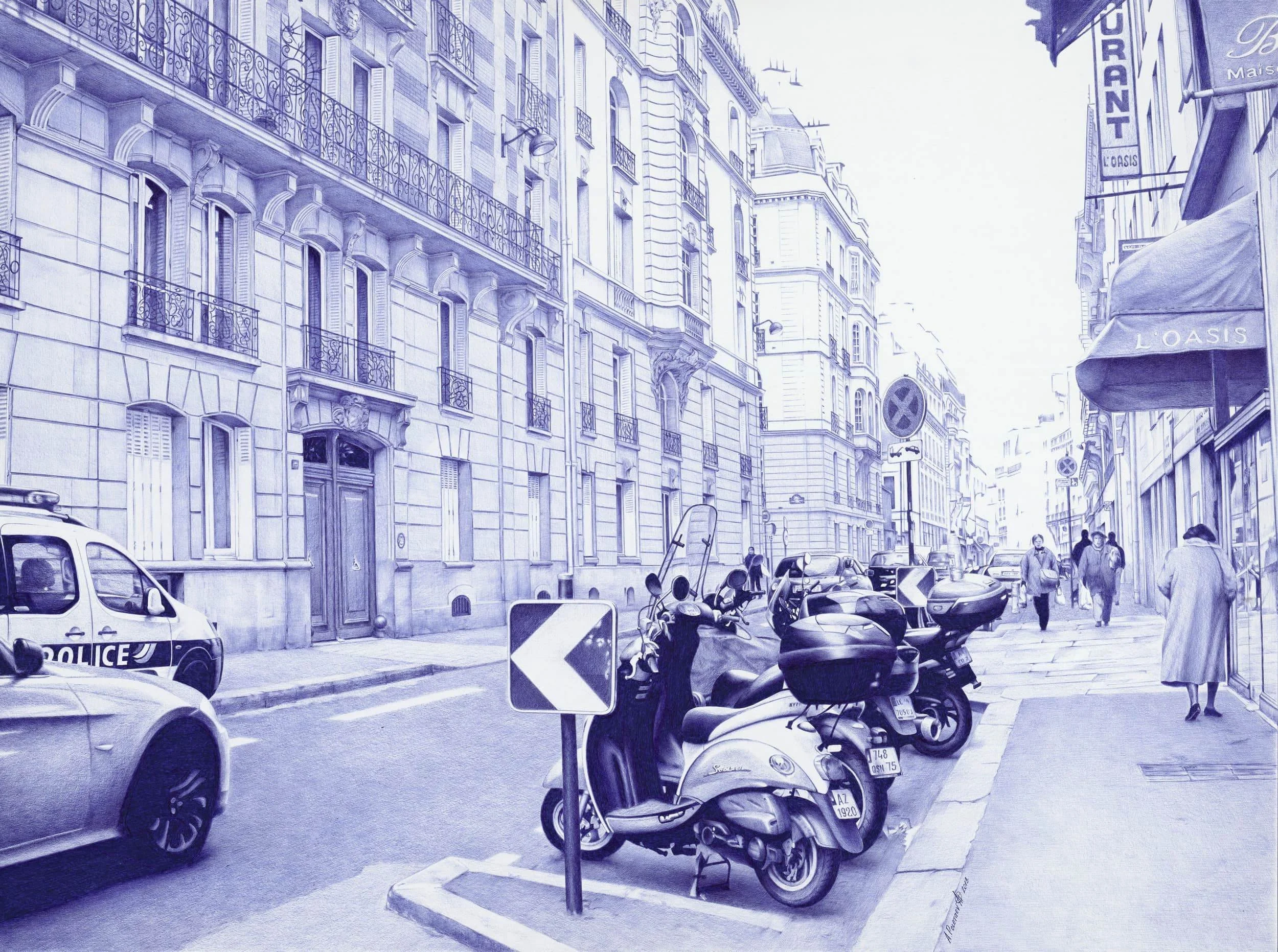 Streets of Paris
Ballpoint pen on Whatman paper | Available
Haussmann facades, scooters, a police car turning the corner — Paris captured street-level with extraordinary precision. The artist's own favorite work for its craftsmanship.