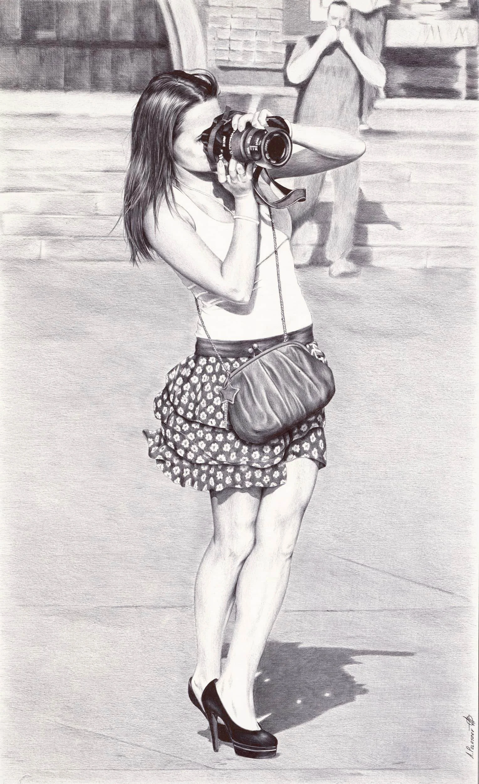 Photographer
Ballpoint pen on Whatman paper | 21.98" × 13.3" | 2012 | Available
A solitary figure caught in a fleeting moment — rendered with the unforgiving precision only ballpoint pen demands.
