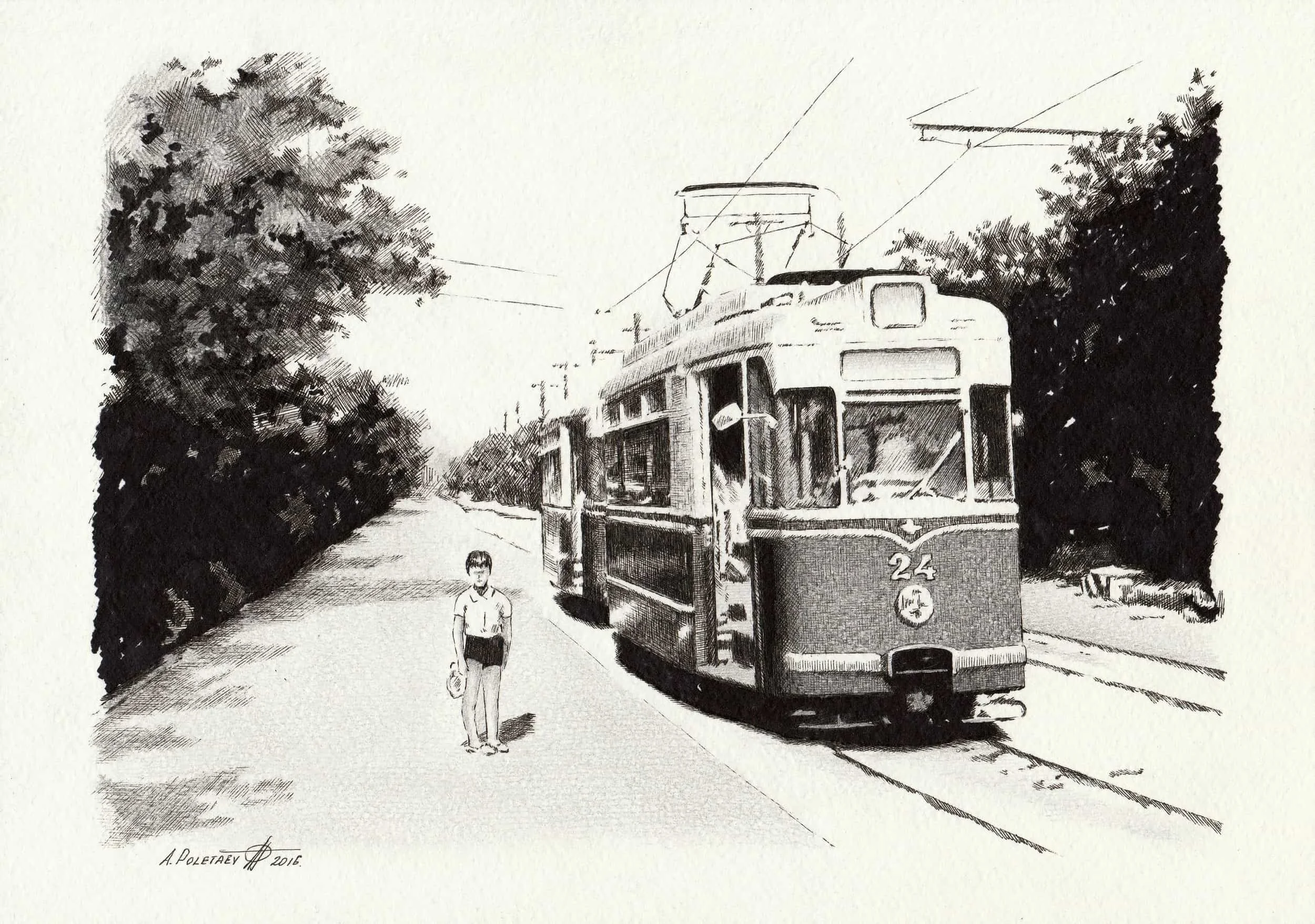 Tram No. 24 — Miniature
Ballpoint pen and mixed techniques | 8.25" × 11.5" | 2016 | Available
A boy stands alone as Tram 24 approaches — bold, graphic and deeply nostalgic. A childhood memory rendered in ballpoint pen and mixed techniques.