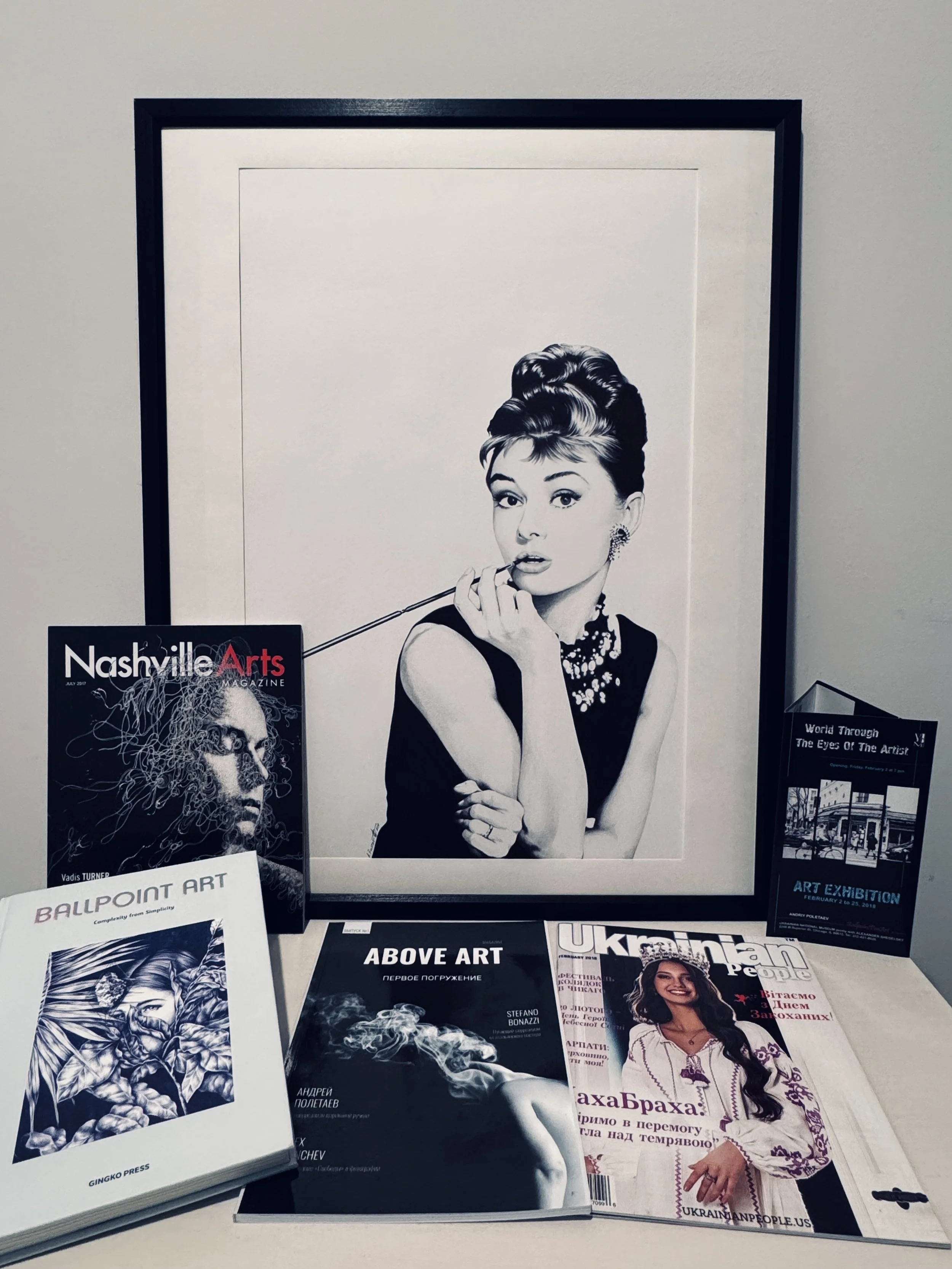 Andrey Poletaev original ballpoint pen portrait with Nashville Arts Magazine, Ballpoint Art: Complexity from Simplicity, and Above Art Magazine publications