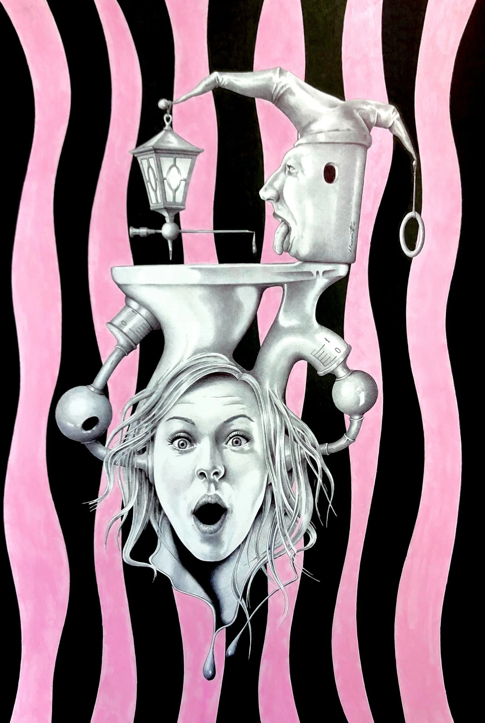 Pink Carnival
Mixed media | 2020 | Currently on international exhibition — inquire for availability
A female face, a jester, a lantern — all suspended in a world of pink and black stripes. Theatrical, surreal and completely unlike anything else in co