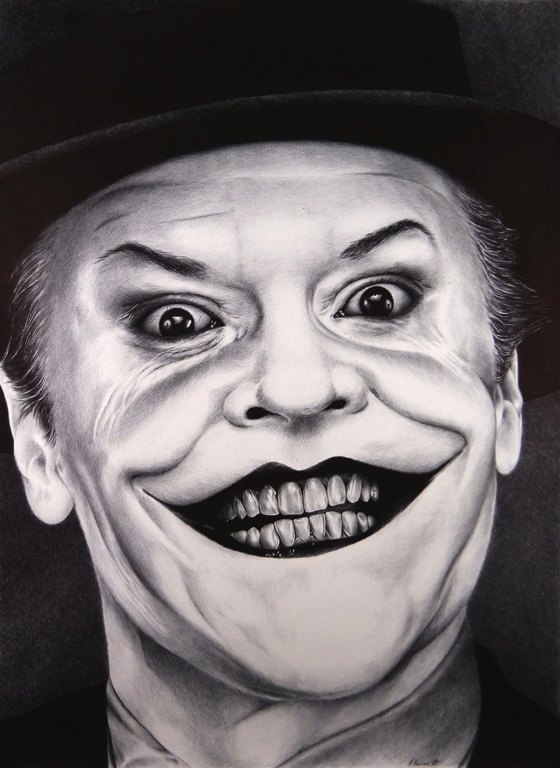 The Joker
Ballpoint pen on Whatman paper | 27.9" × 20.4" | 2011 | Available
Why so serious? The Joker rendered in extraordinary close-up detail — every wrinkle, every tooth, the madness in the eyes. One of the most technically demanding works in the 