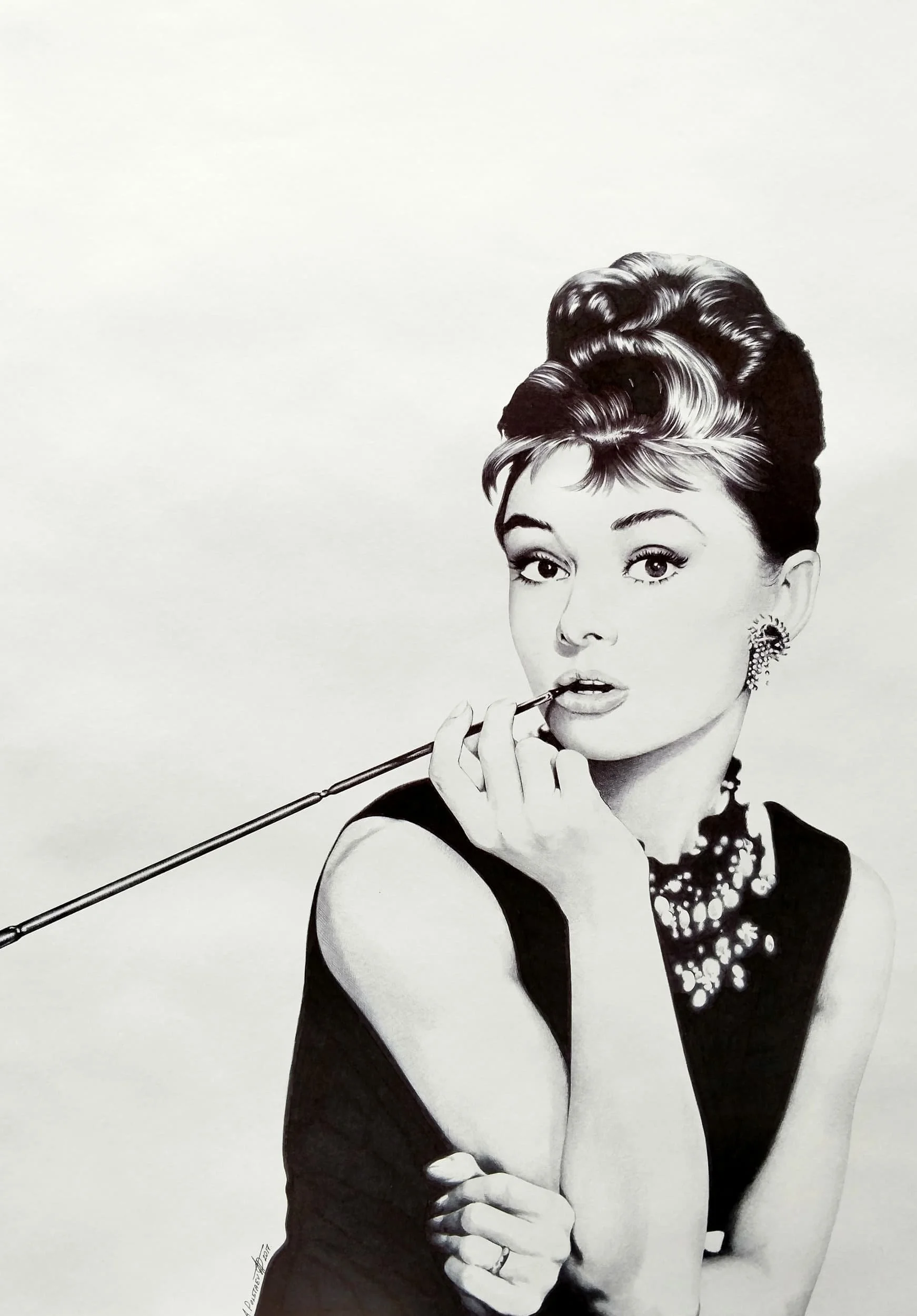 Audrey Hepburn — Breakfast at Tiffany's
Ballpoint pen on Whatman paper | 16" × 24.5" | 2017 | Museum Exhibited | Available
Holly Golightly — cigarette holder, diamond earring, little black dress. The most iconic image in Hollywood history rendered in