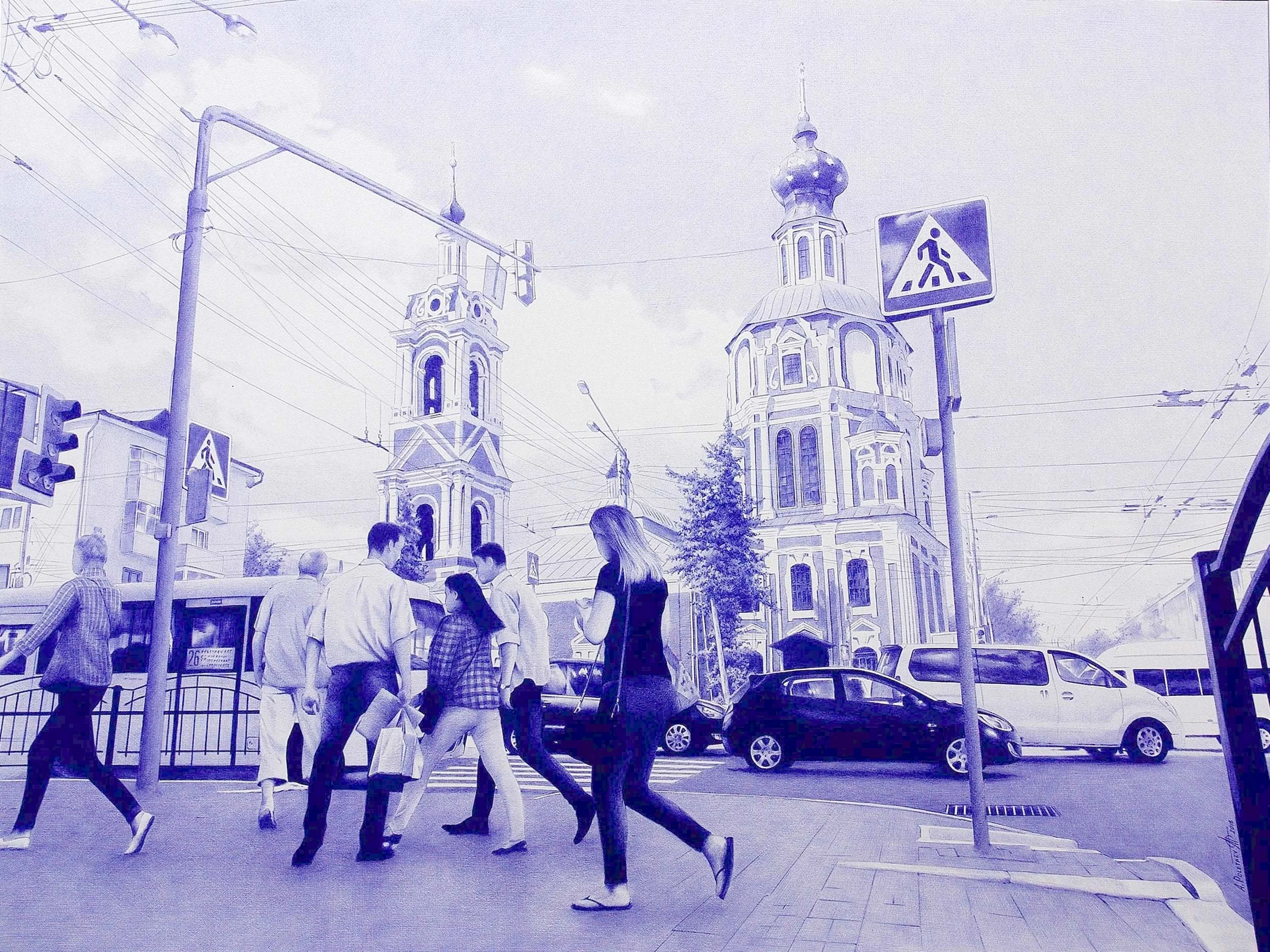 End of Summer
Ballpoint pen on Whatman paper | 28.7" × 21.6" | 2016 | Available
A Russian Orthodox church rises above a busy city crossing — pedestrians, traffic signals and Soviet-era architecture captured in stunning blue monochrome.