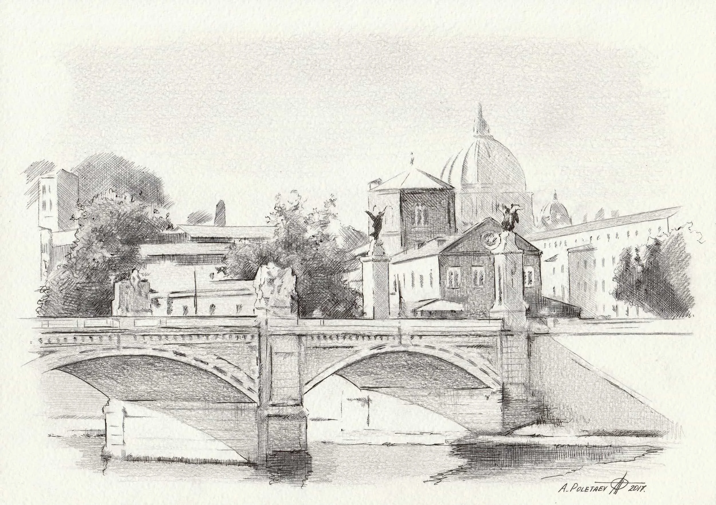 Rome — Miniature
Pencil on paper | 8.25" × 11.5" | 2017 | Available
A bridge over the Tiber, St. Peter's dome rising beyond — Rome captured in quiet, timeless pencil.