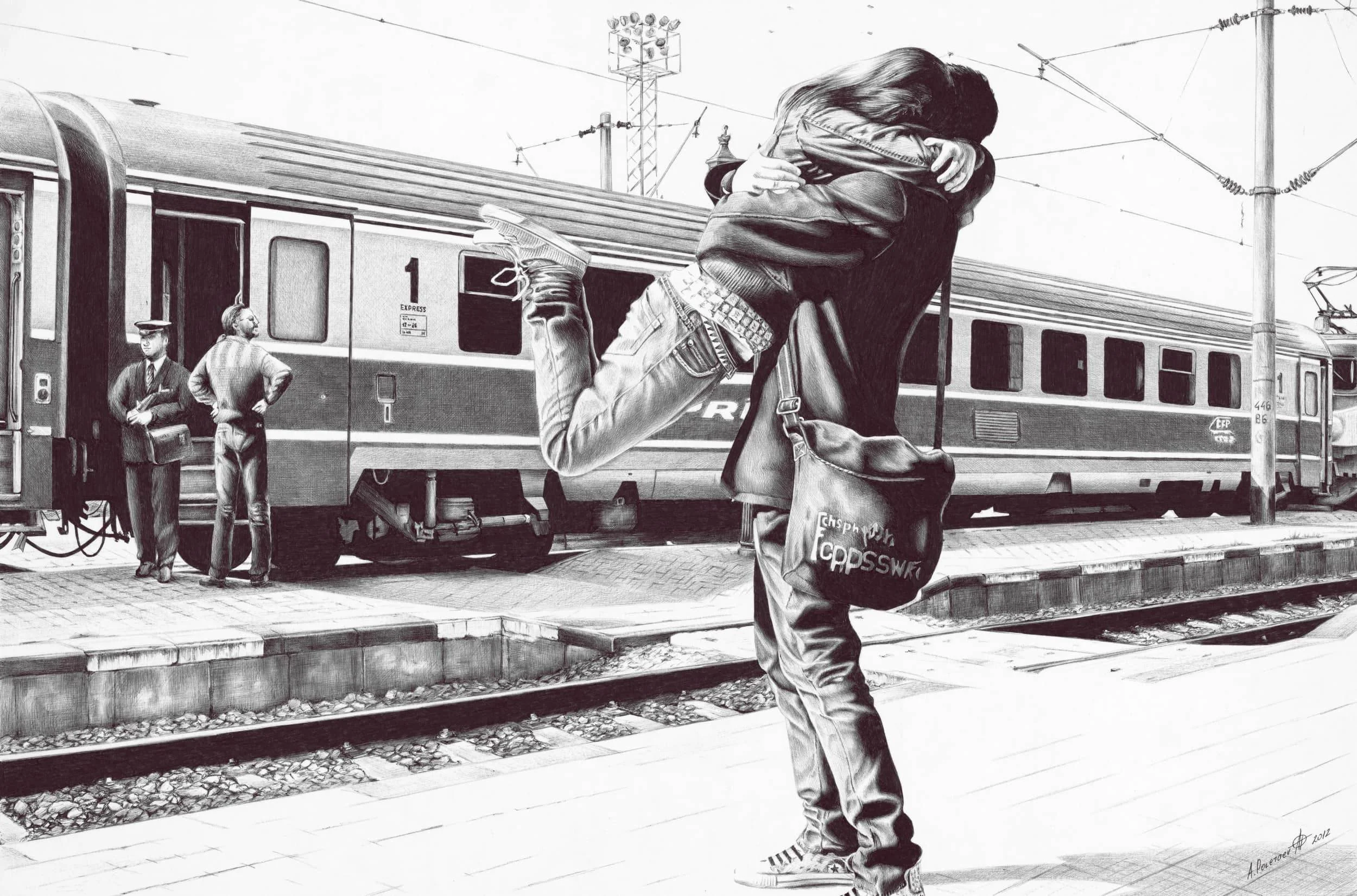 Sparkle at the Train Station
Ballpoint pen on Whatman paper | 21.6" × 14.5" | 2012 | Available
A moment of pure emotion on a train platform — movement, light, and connection frozen in monochrome.