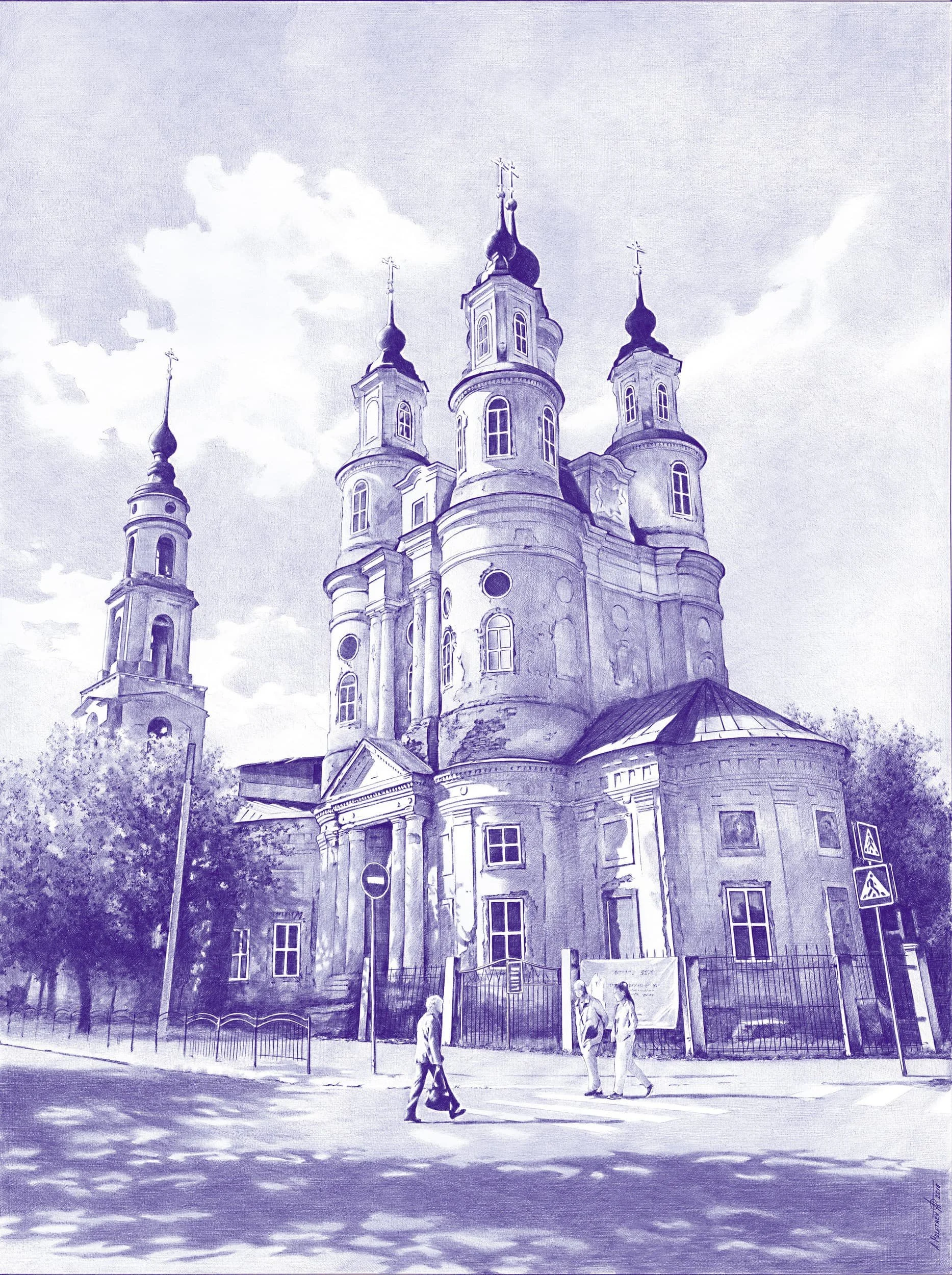 Sunny Day — Church of Cosmas and Damian
Ballpoint pen on Whatman paper | 28.7" × 21.6" | 2016 | Available
The Church of Cosmas and Damian, built in 1794 — light, shadow and blue monochrome creating the sensation of a genuine sunny day. 250 hours. Pur