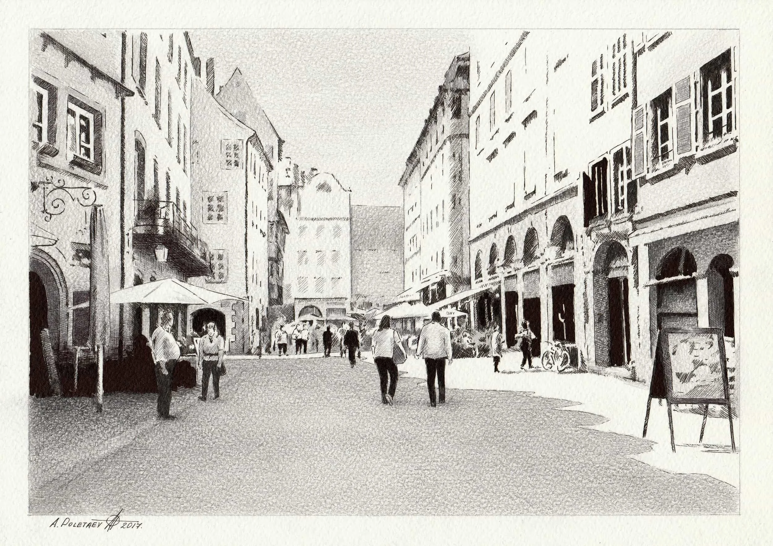 European Street — Miniature
Pencil on paper | 8.25" × 11.5" | 2017 | Available
A sun-drenched European street scene — cobblestones, café umbrellas and period architecture captured in delicate pencil.