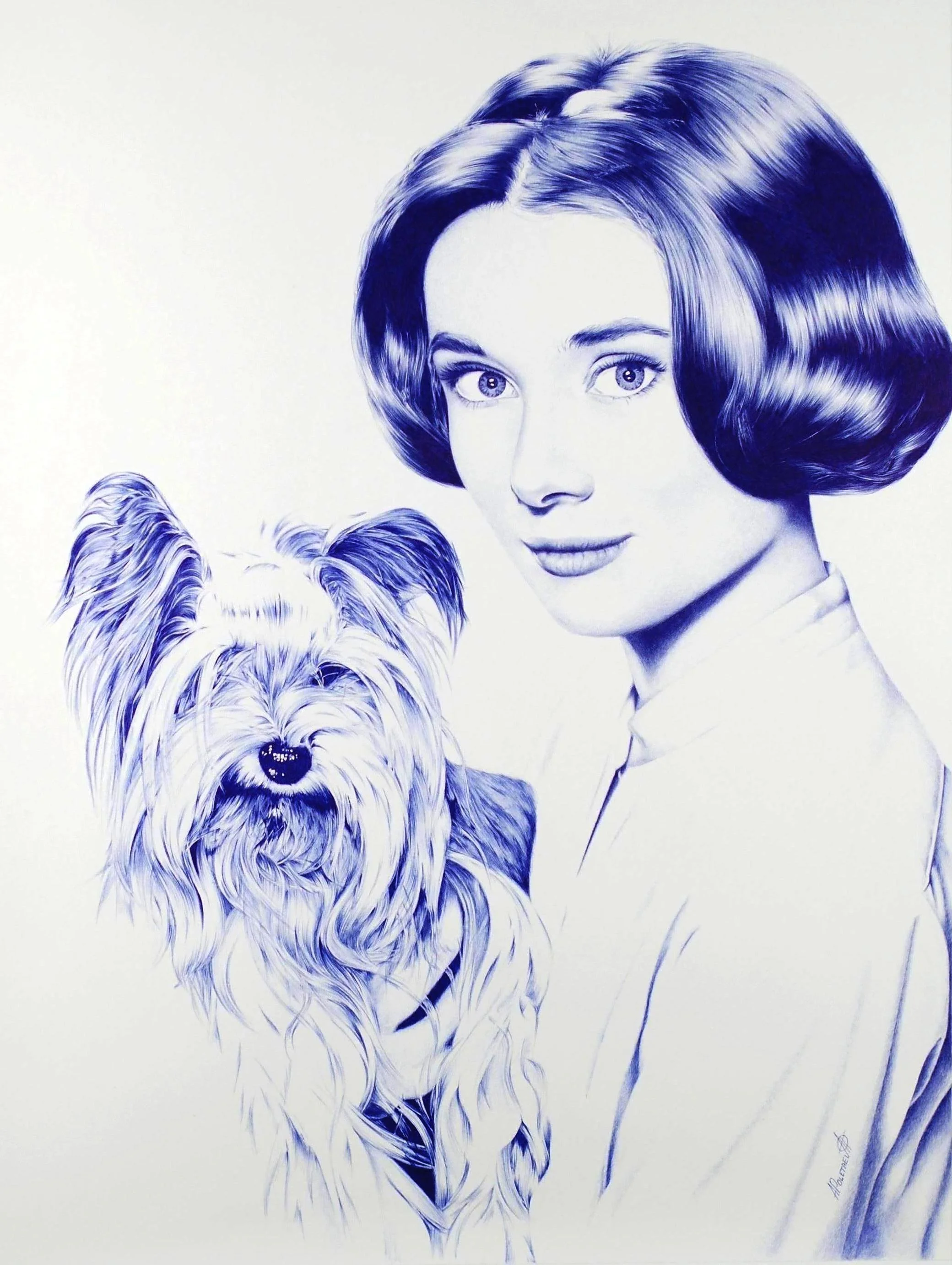 Audrey & Mr. Famous
Ballpoint pen on Whatman paper | 26.1" × 19.6" | 2013 | Available
Audrey Hepburn and her beloved Yorkshire Terrier — rendered in striking blue monochrome. Elegance and tenderness in a single composition.