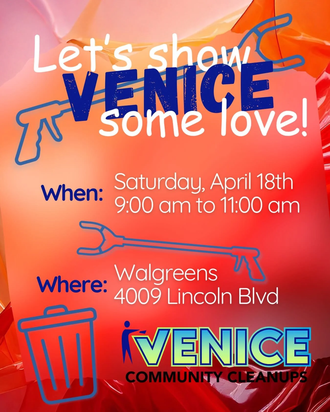⏳Weekend Loading&hellip;⏳

Join us this Saturday from 9&ndash;11 AM for another Venice community cleanup!  We will be meeting at Walgreens (4009 Lincoln Blvd, Venice, CA 90291).

Cleanup supplies will be provided&mdash;just bring yourself and a littl
