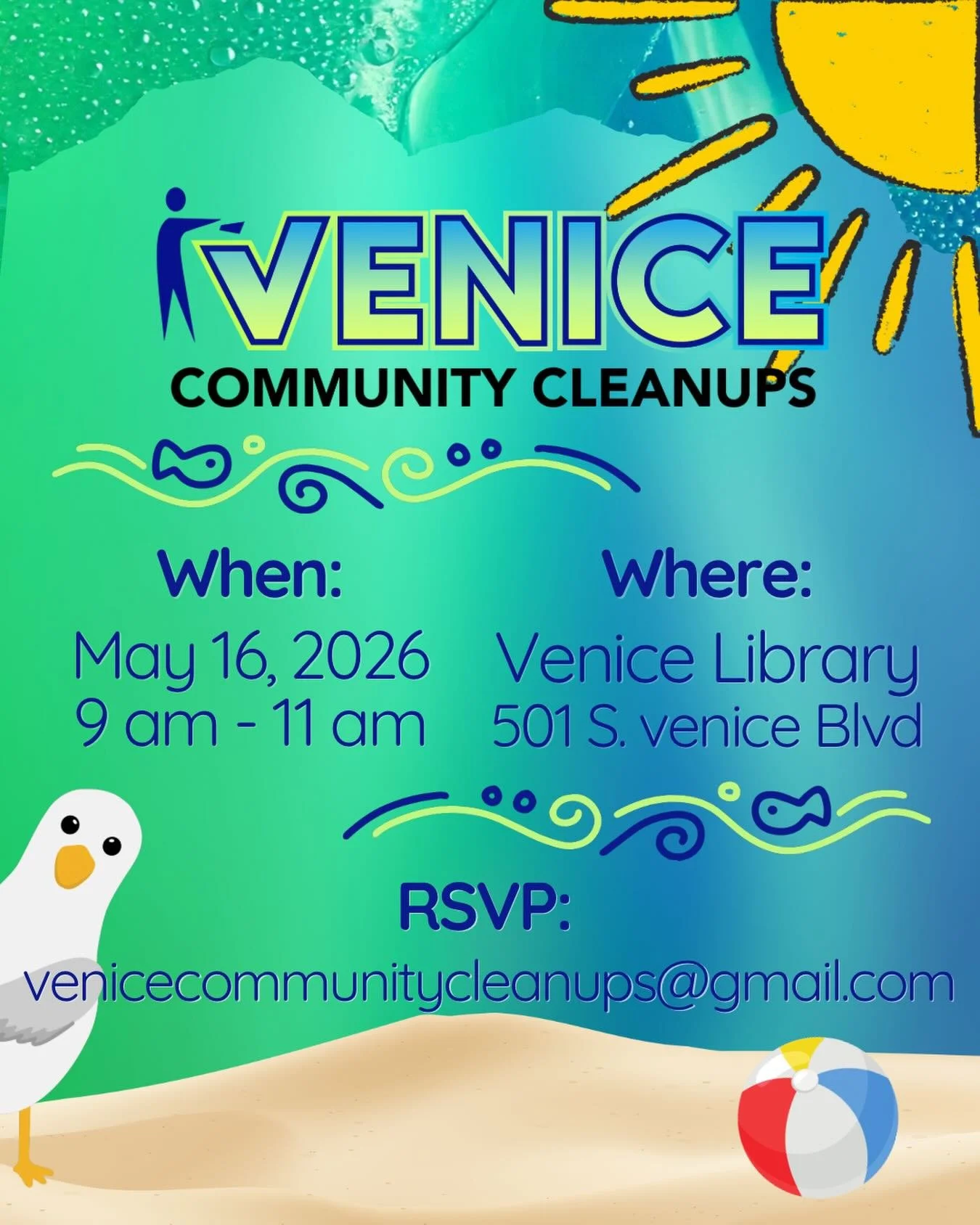 🌊☀️ Venice vibes + good deeds = the perfect Saturday! ☀️🌊

Join us for another Venice Community Cleanup on Saturday, May 16, 2026 from 9&ndash;11 AM at the Venice Library (501 S. Venice Blvd).

Help us keep our community beautiful, meet new people,