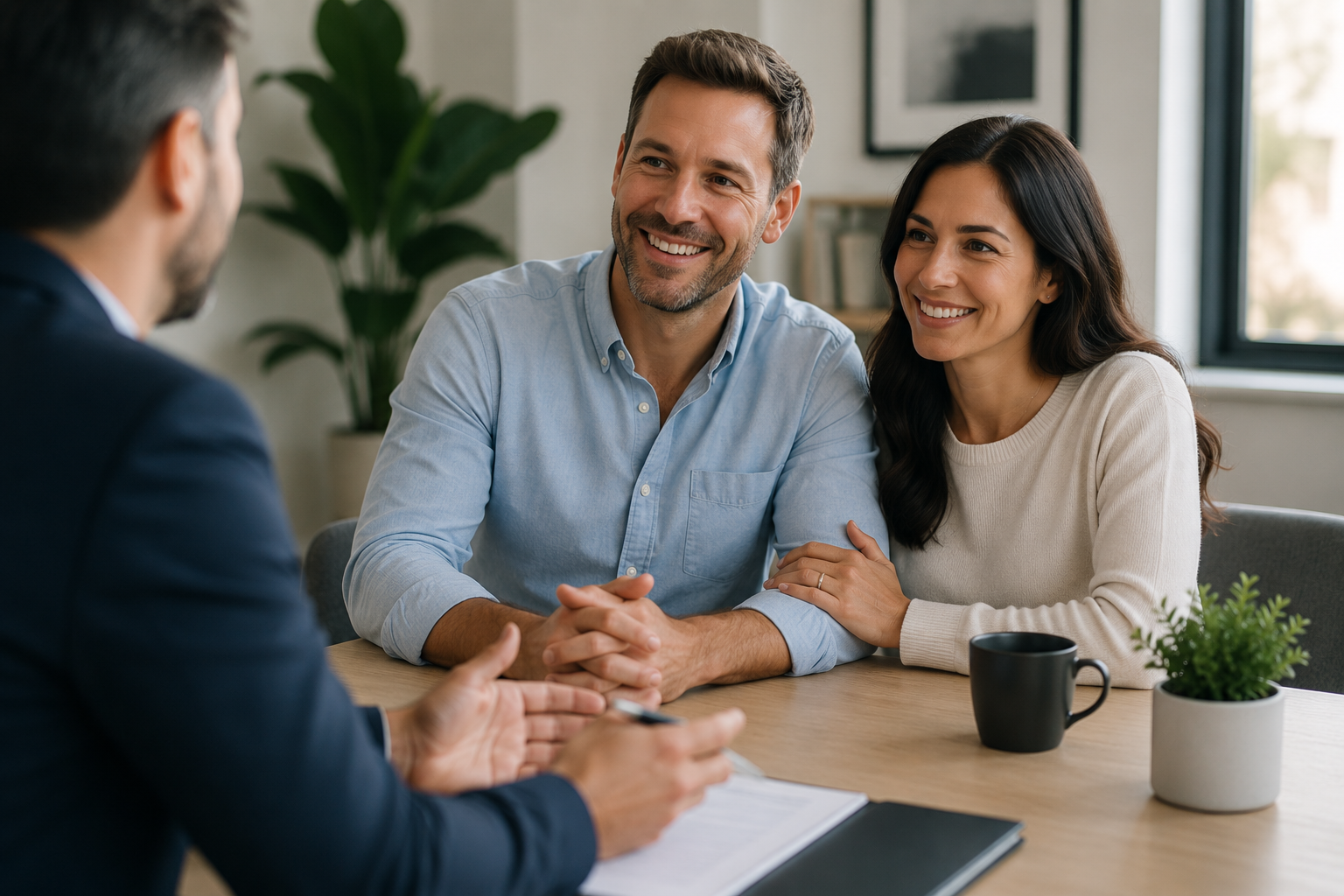 A happy couple sitting at a table with a man who appears to be a professional, possibly a real estate agent or financial advisor, during a meeting in a bright, modern office with a large window, a potted plant, and framed artwork on the wall.