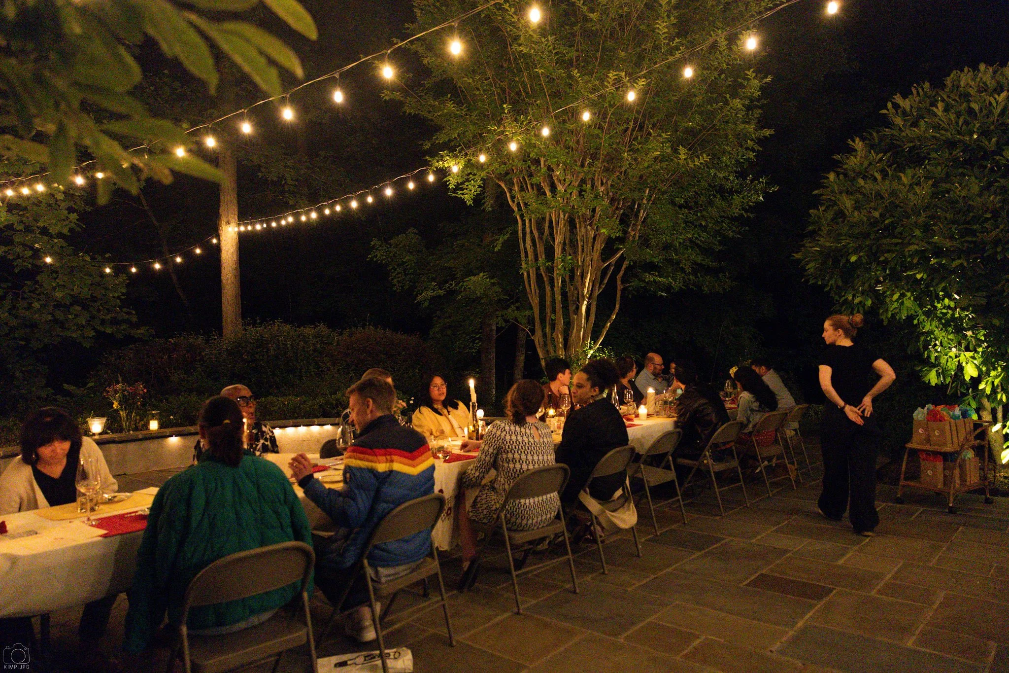 Nighttime outdoor gathering with a long dining table under trees decorated with string lights, several people are seated and conversing.
