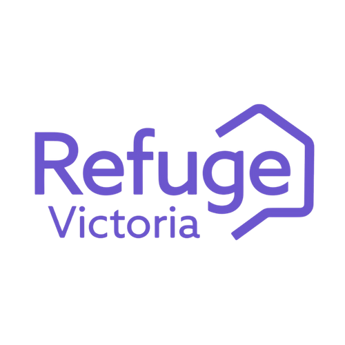 Logo for Refuge Victoria with a purple outline of a house next to the text 'Refuge Victoria' in purple.
