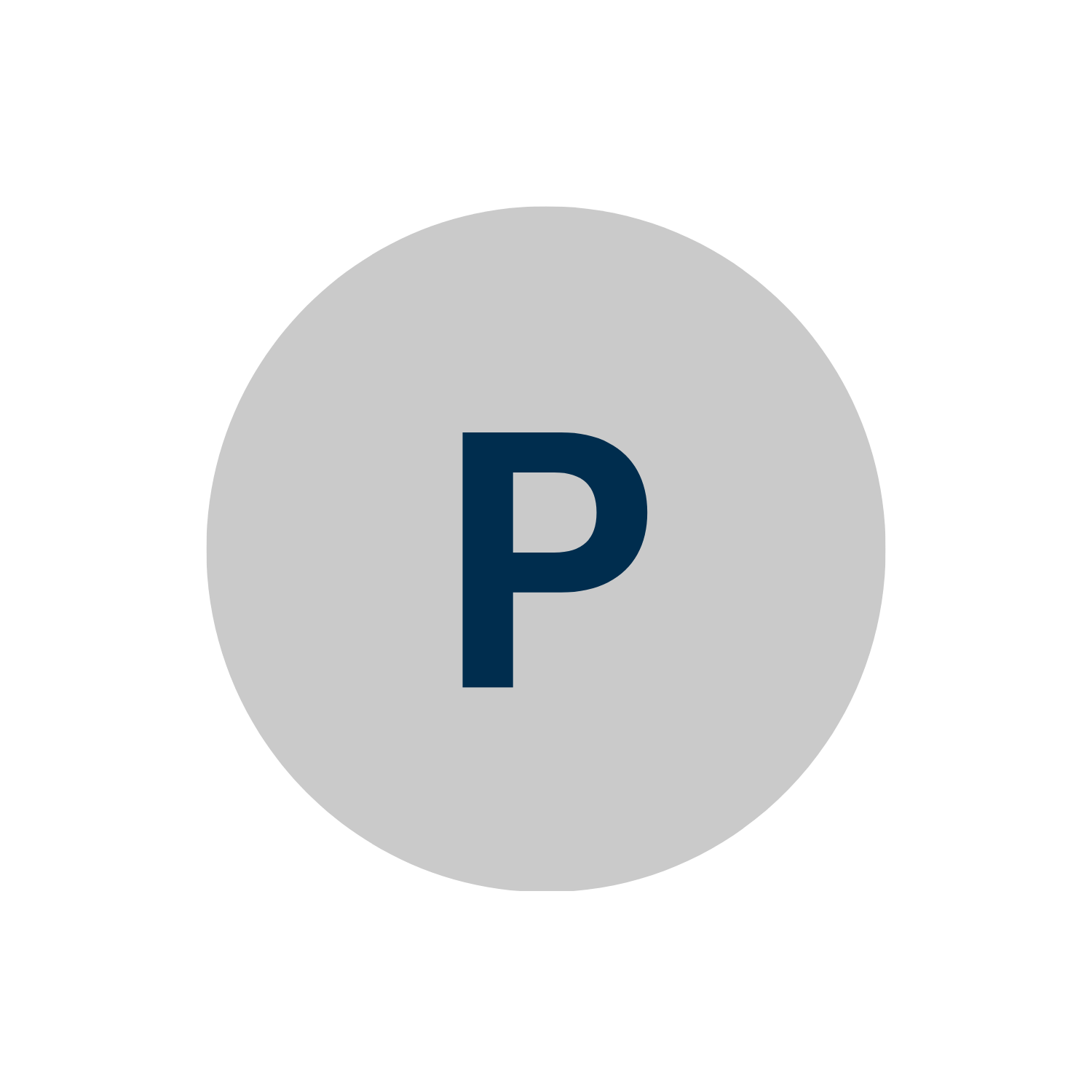 Parking sign with a large gray circle and a dark blue letter P in the center, indicating parking area.