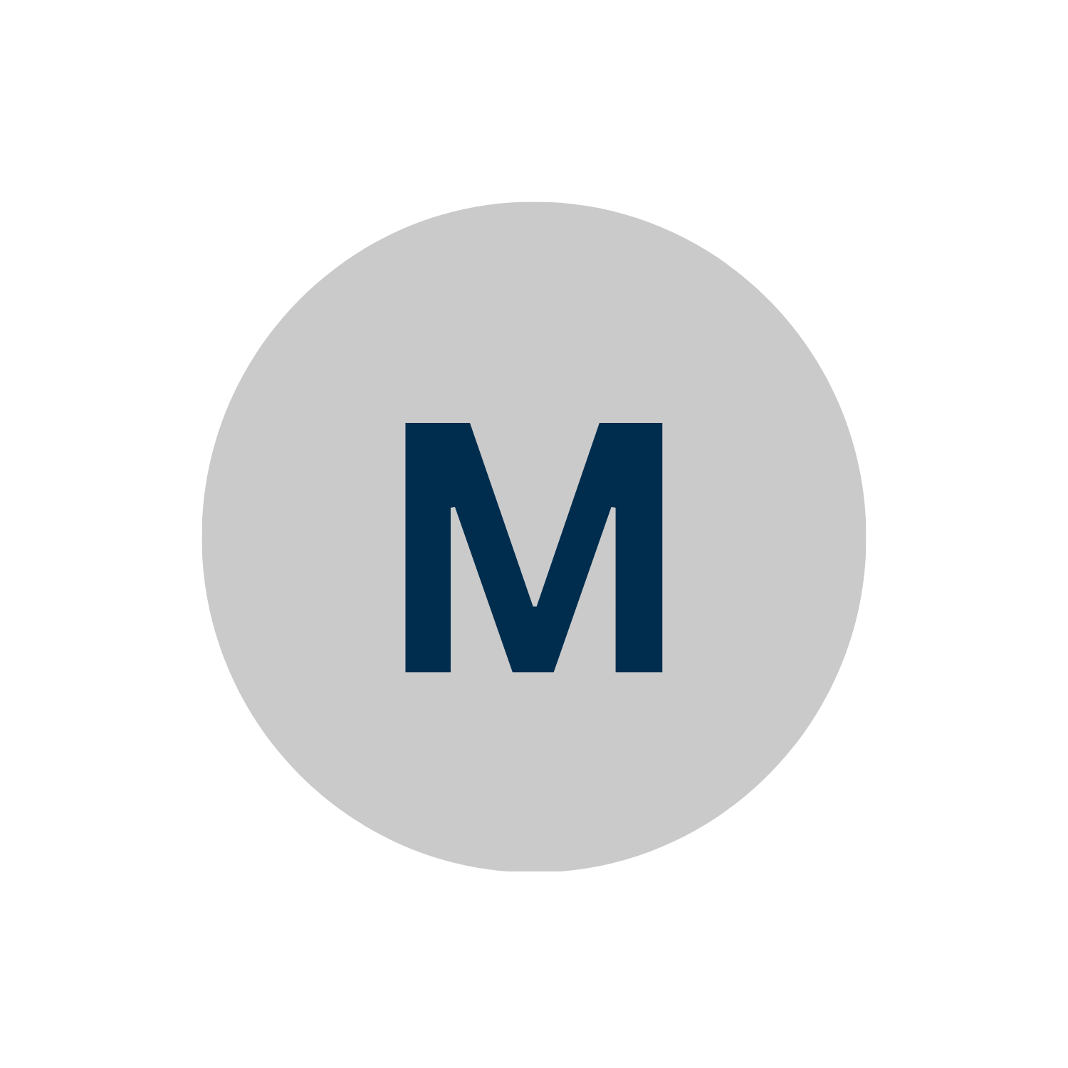 Transportation sign indicating the letter M in a blue font inside a gray circle.