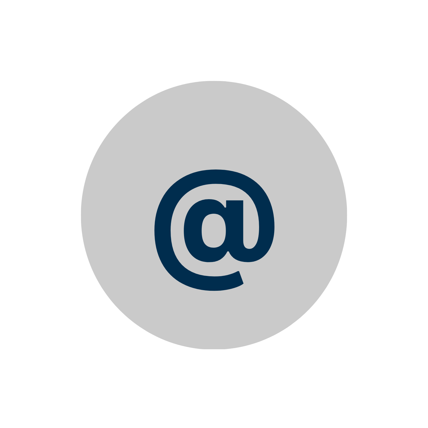 A large grey circle with a smaller dark blue circle containing a stylized 'a' symbol in the middle, resembling an email or at-sign icon.