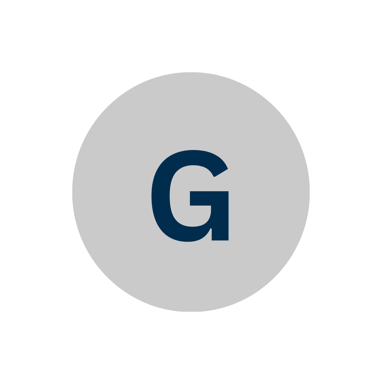 Google Maps location marker with a large gray circle background, a smaller gray circle inside, and a navy blue letter 'G' in the center.