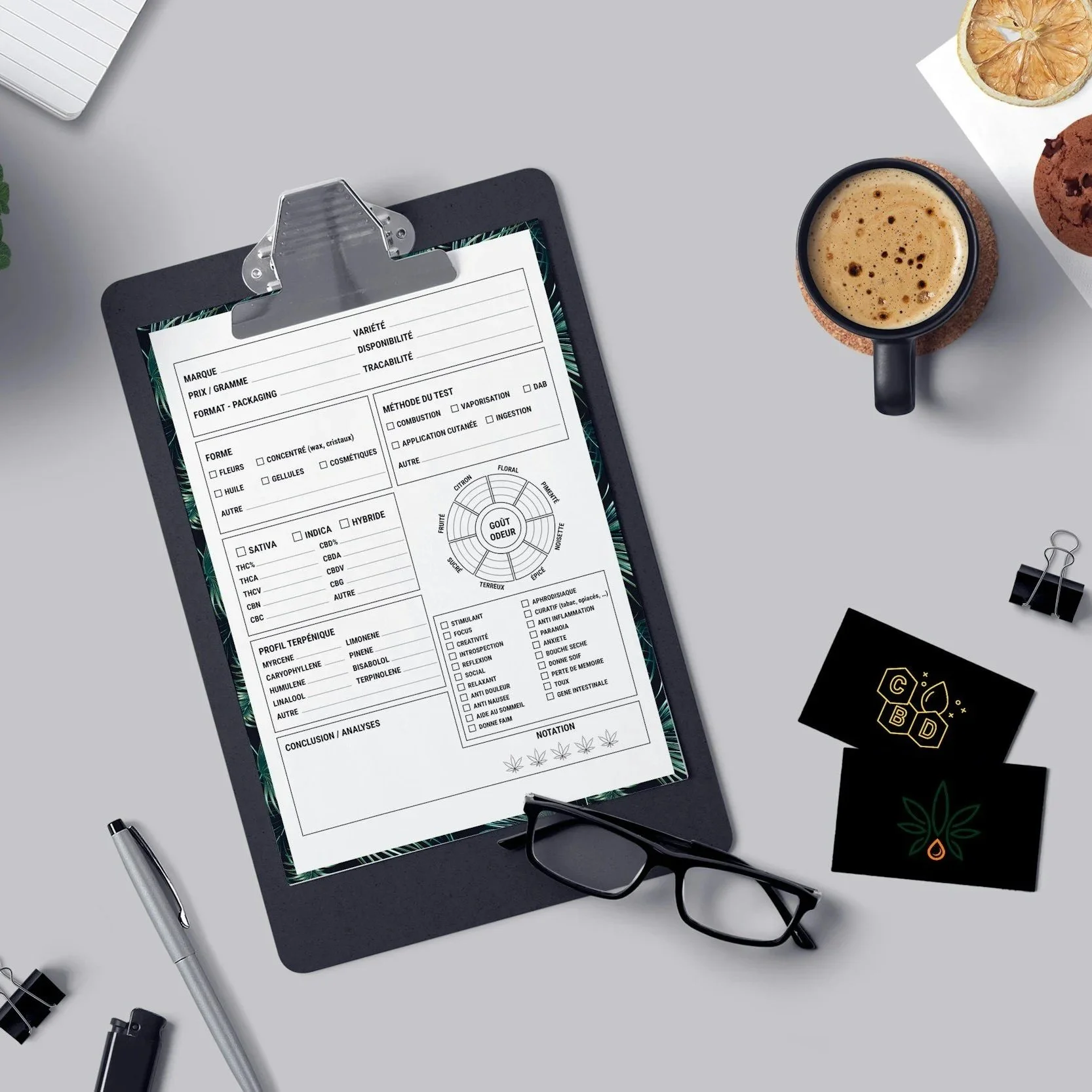 A clipboard with a cannabis strain analysis sheet placed on a gray desk. Surrounding objects include a pair of glasses, a silver pen, black Doberman cards with gold designs, a black card with green leaves, a black binder clip, a cup of coffee or espresso on a cork coaster, a sliced lemon, and cookies, all arranged lightly on the desk.