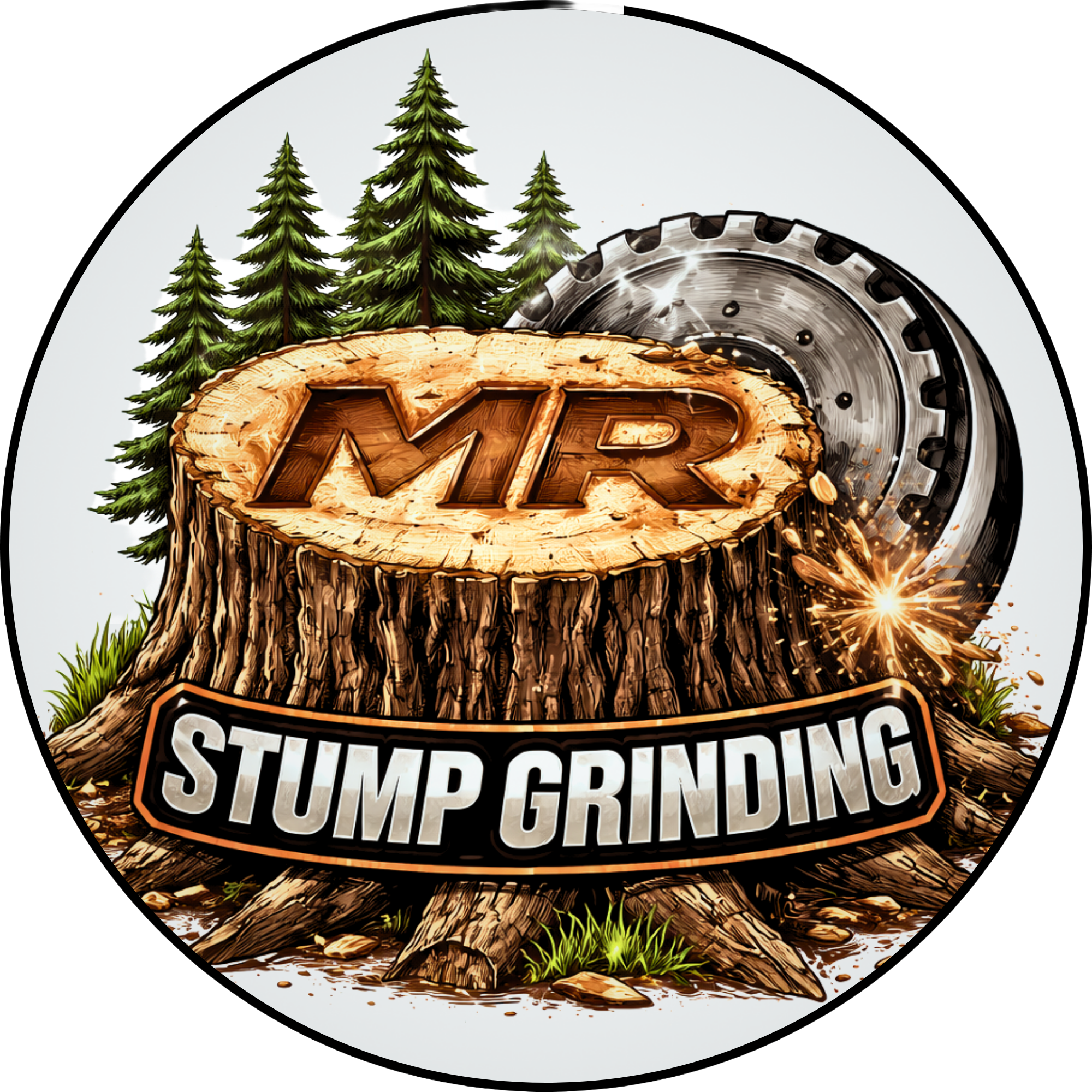 Illustration of a tree stump with the words "STUMP GRINDER" carved into it using wood carving, with pine trees in the background and a mechanical grinder behind the stump, indicating stump grinding activity.
