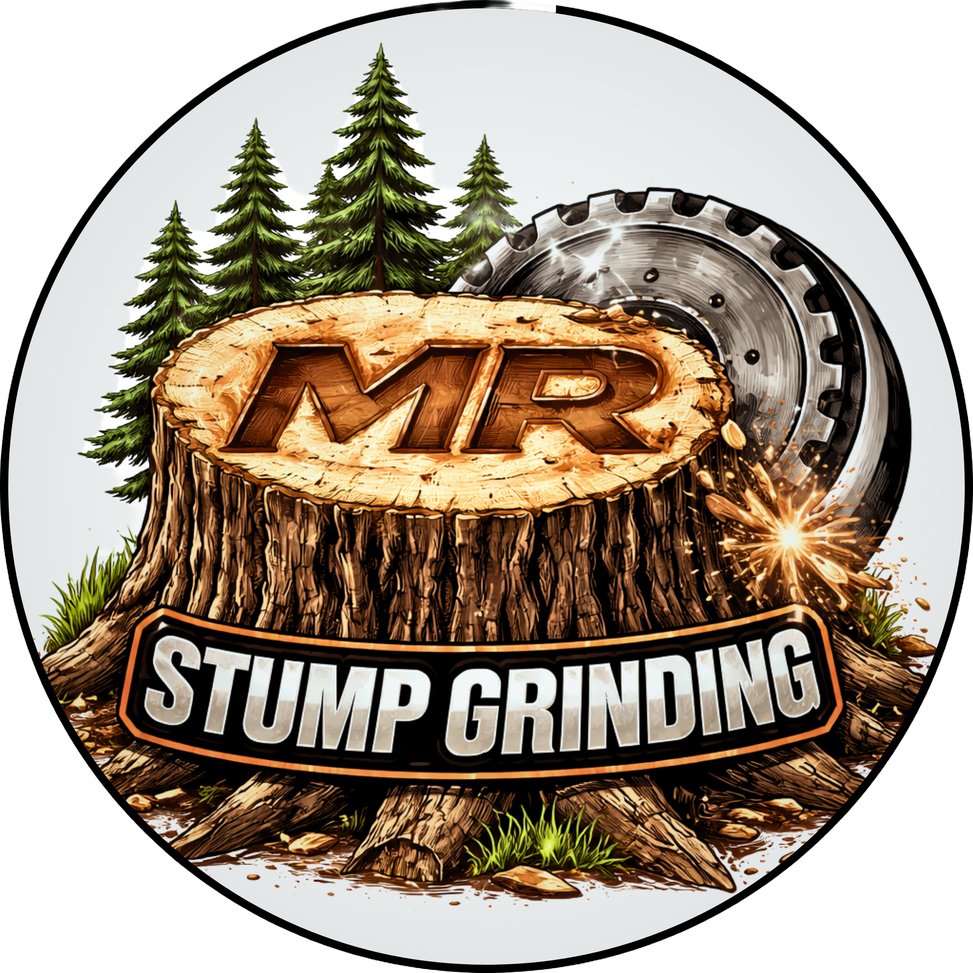 A graphic illustration of a tree stump with the words "Stump Grinding" on it, surrounded by green grass, pine trees, and a mechanical stump grinder to the right.