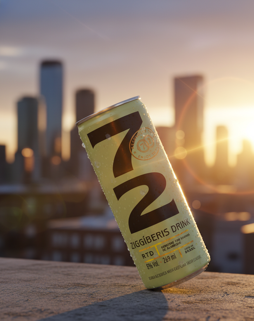 Lata de drink chamado 'Ziggiberis Drink' com sabor de gengibre, 269 ml, 8% de álcool, ao pôr do sol com uma cidade ao fundo.